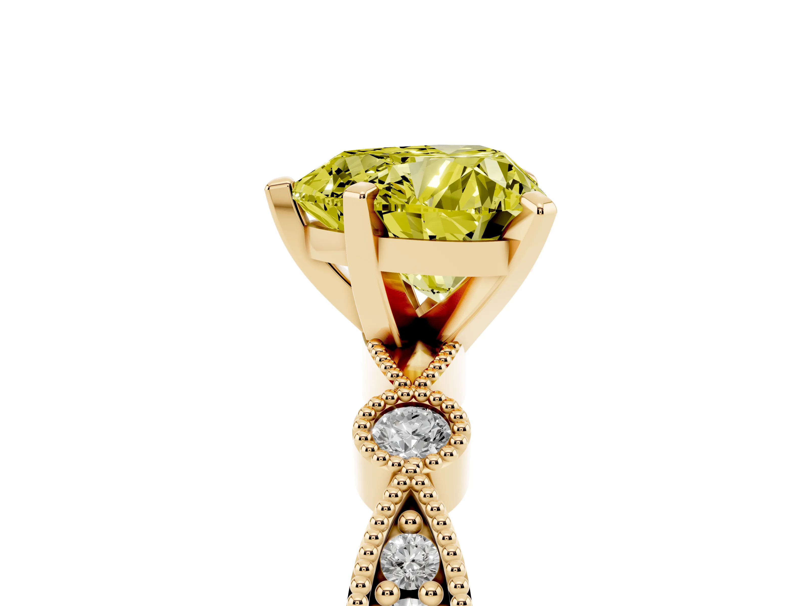 Fancy Yellow Heart Cut Diamond Solitaire Engagement Ring Set in Yellow gold with Milgrain Bezel Accent Band