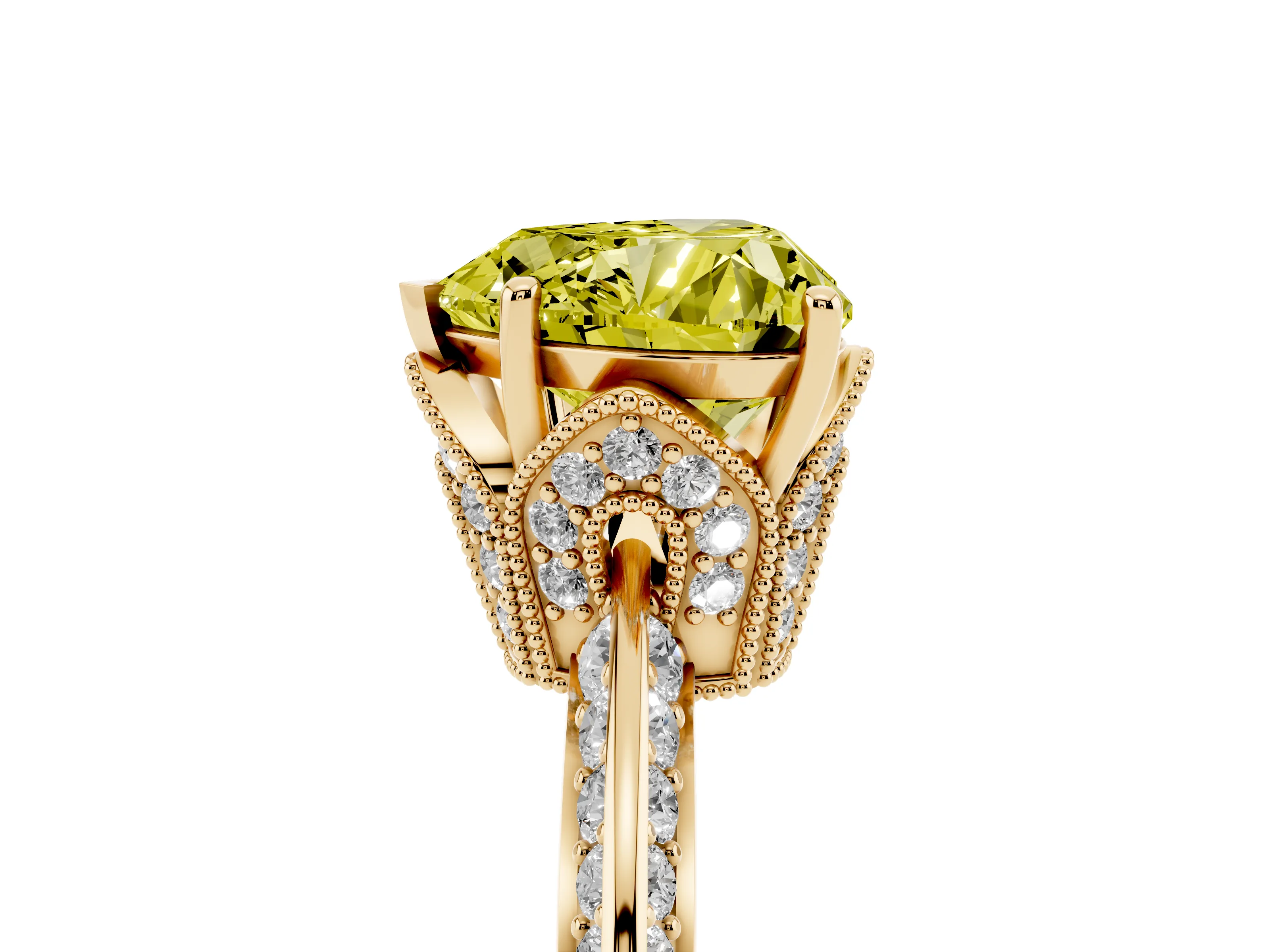 Fancy Yellow Heart Cut Diamond Solitaire Engagement Ring Set in Yellow gold with Pavé Split Shank and Prong Setting