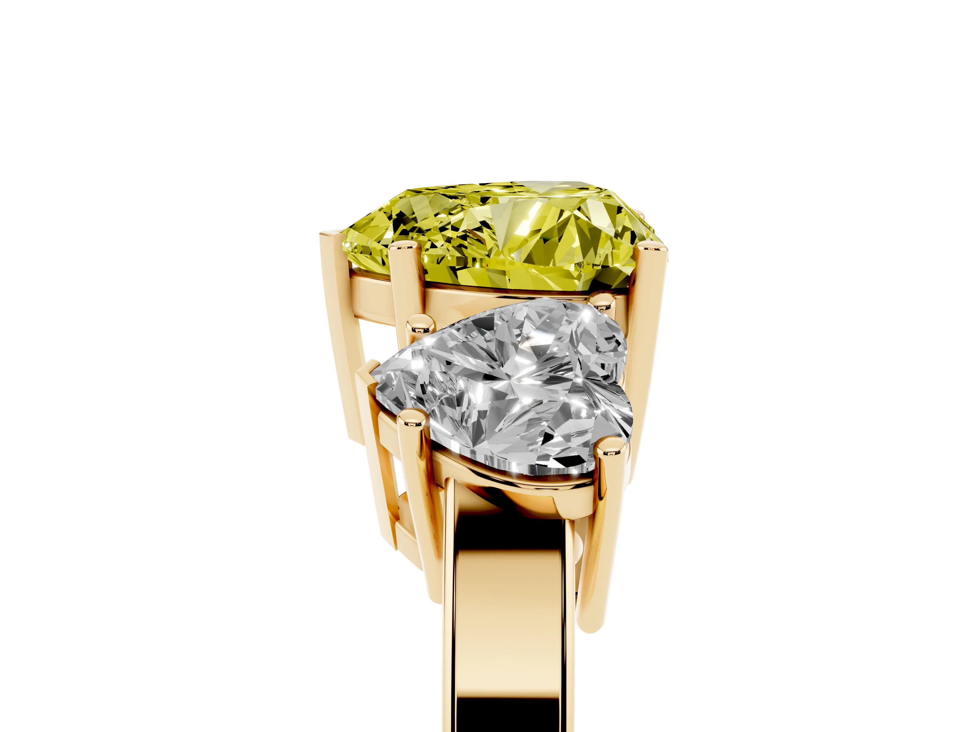 Fancy Yellow Heart Cut Diamond Three-Stone Engagement Ring Set in Yellow gold with Flat Band