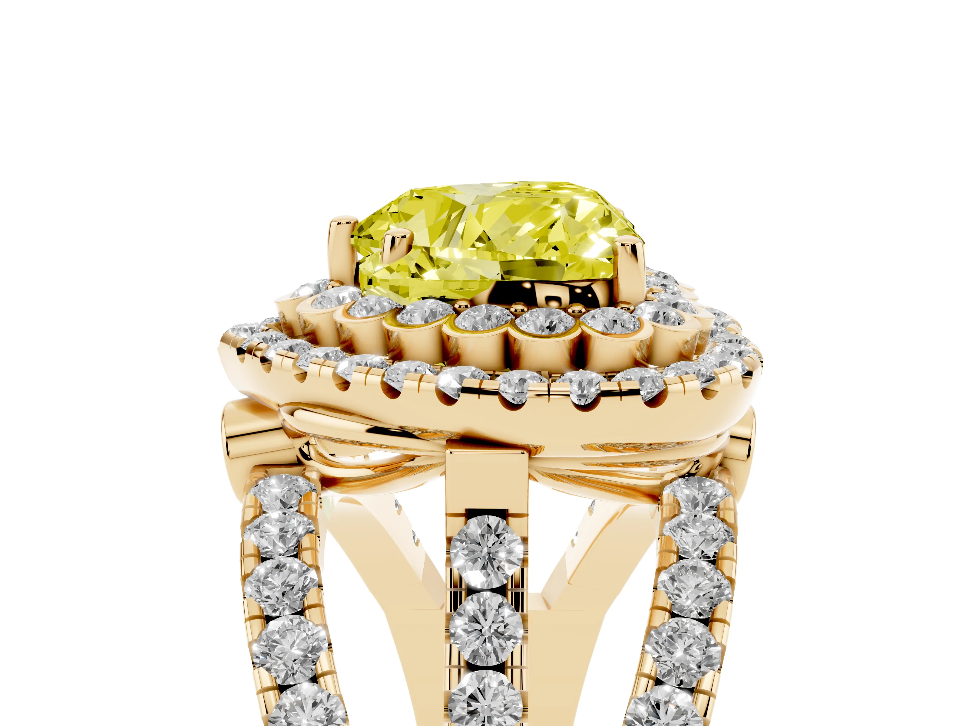 Fancy Yellow Heart Cut Diamond Double Halo Ring Set in Yellow gold with Round Pavé Split Shank