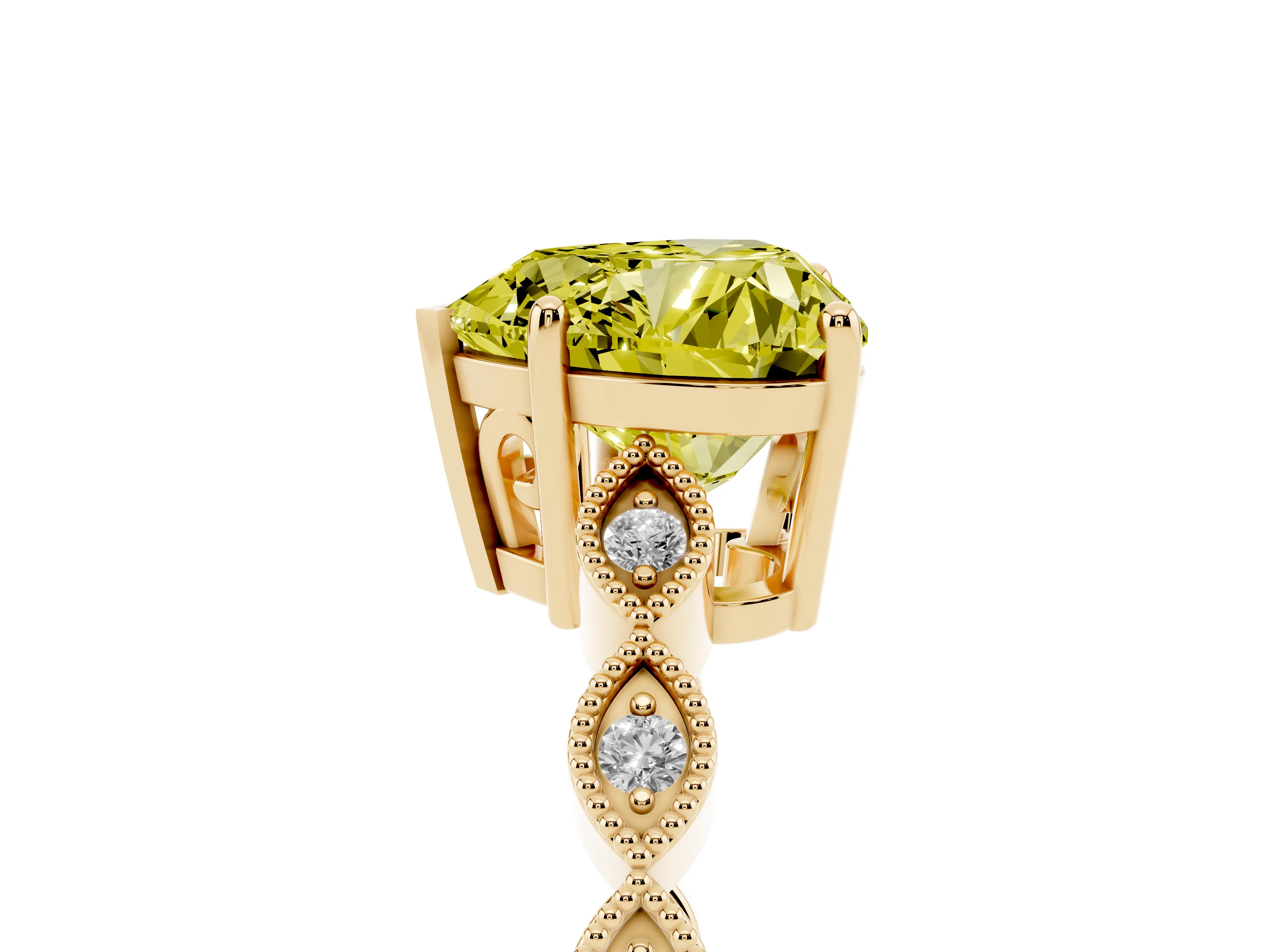Fancy Yellow Heart Cut Diamond Solitaire Ring Set in Yellow gold with Infinity Twist Pavé Band
