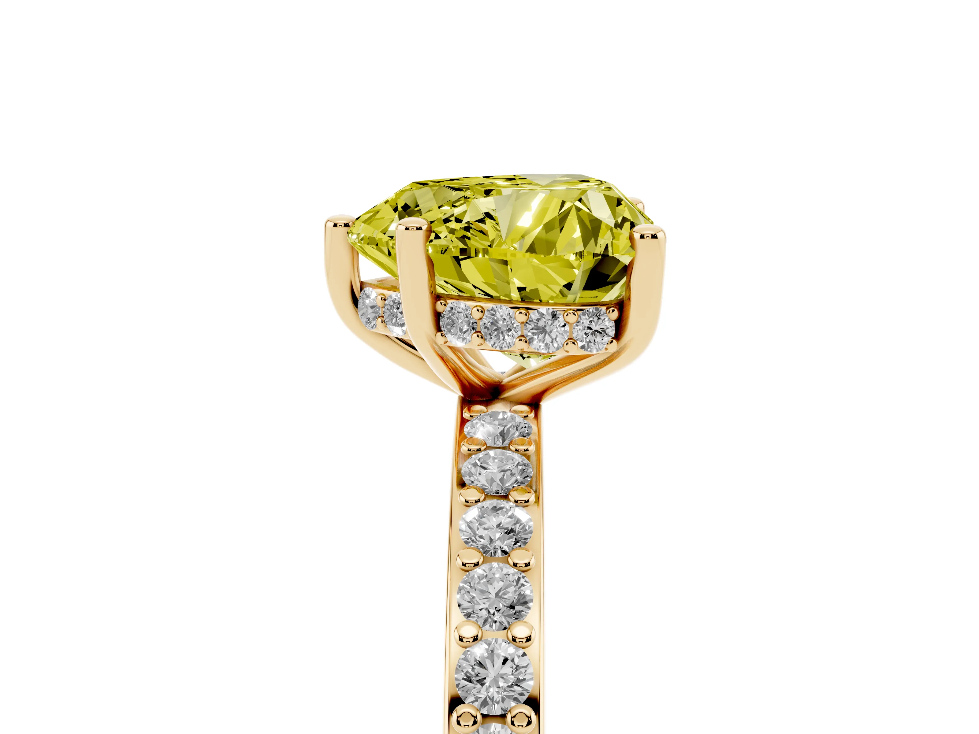 Fancy Yellow Heart Cut Diamond Pavé Band Ring Set in Yellow gold with Prong-Set Center Stone