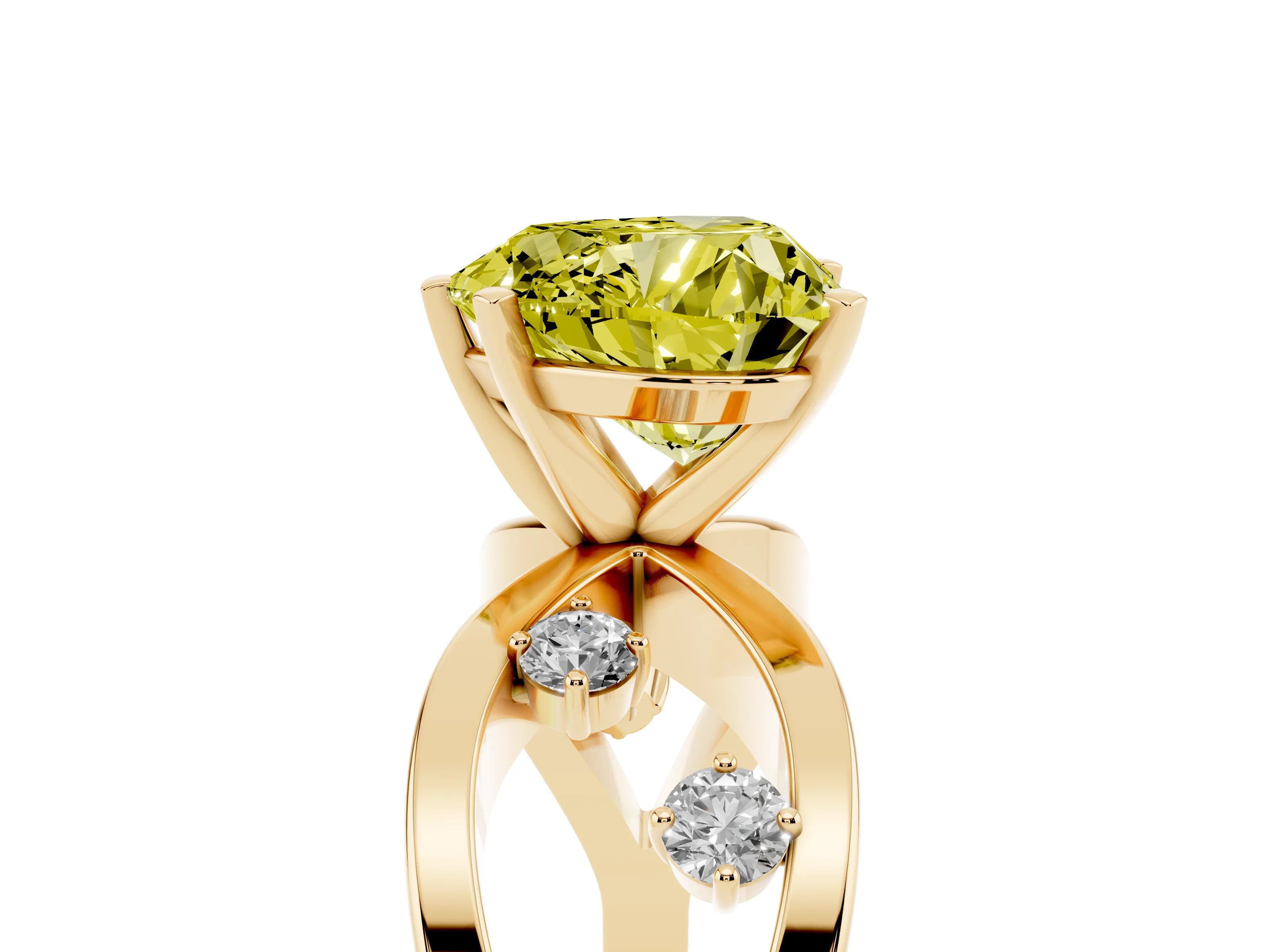 Fancy Yellow Heart Cut Diamond Solitaire Ring Set in Yellow gold with Side Stones on Criss-Cross Band and Prong Setting