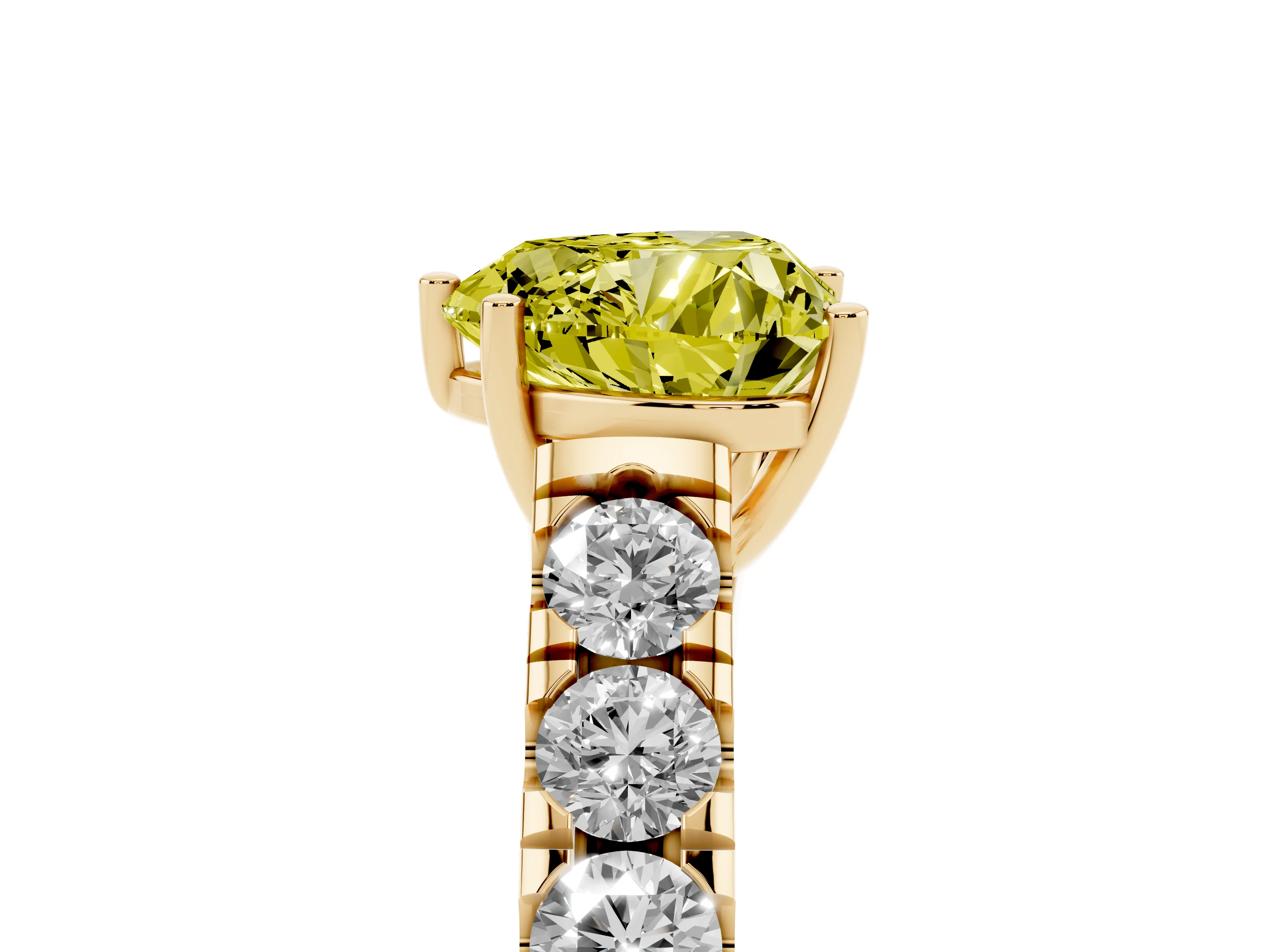 Fancy Yellow Heart Cut Diamond Solitaire Ring Set in Yellow gold with Cut-Down Micro Pavé Band and Prong Setting