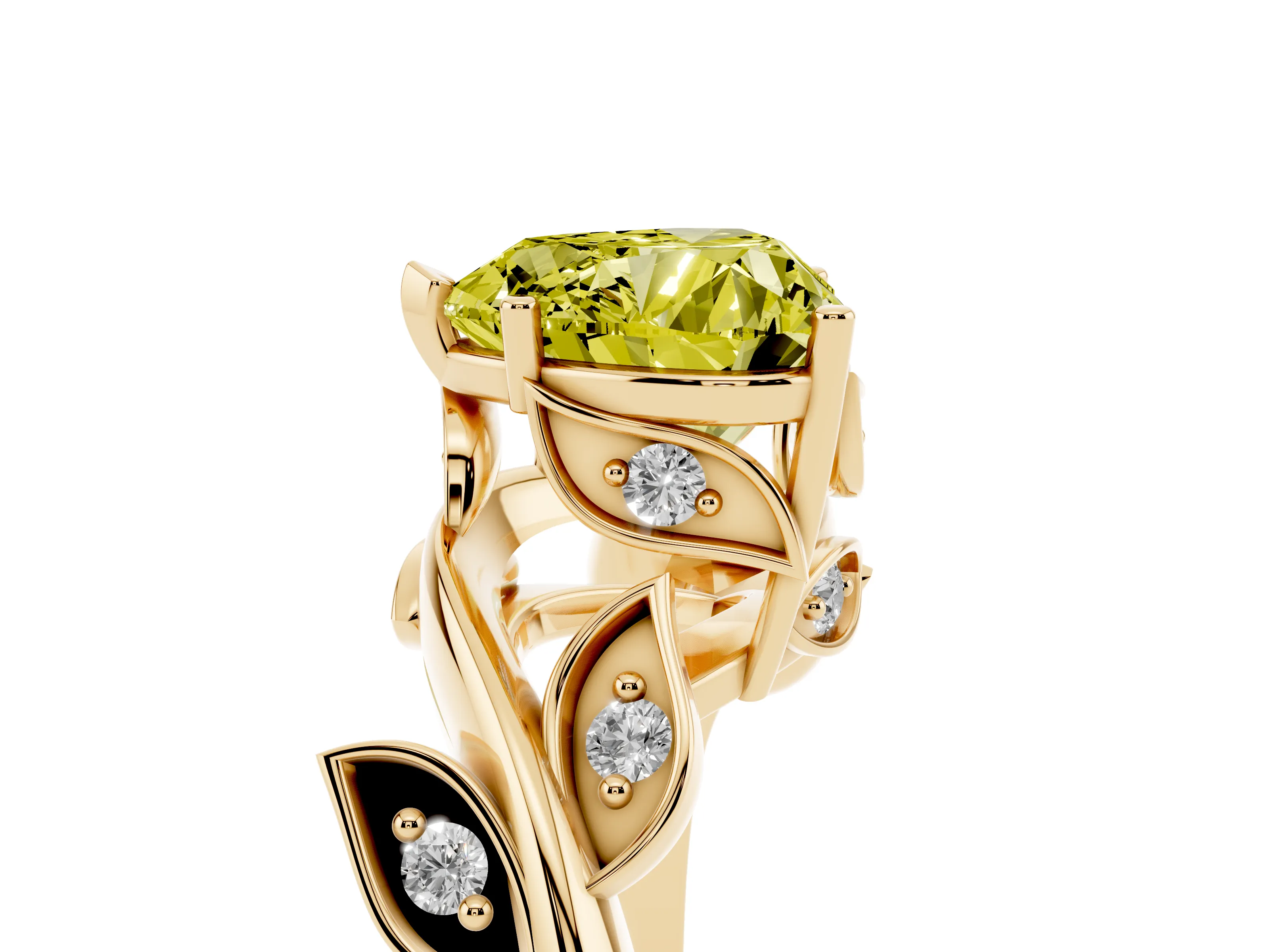 Fancy Yellow Heart Cut Diamond Solitaire Twist Engagement Ring Set in Yellow gold with Pavé Leaf Accents
