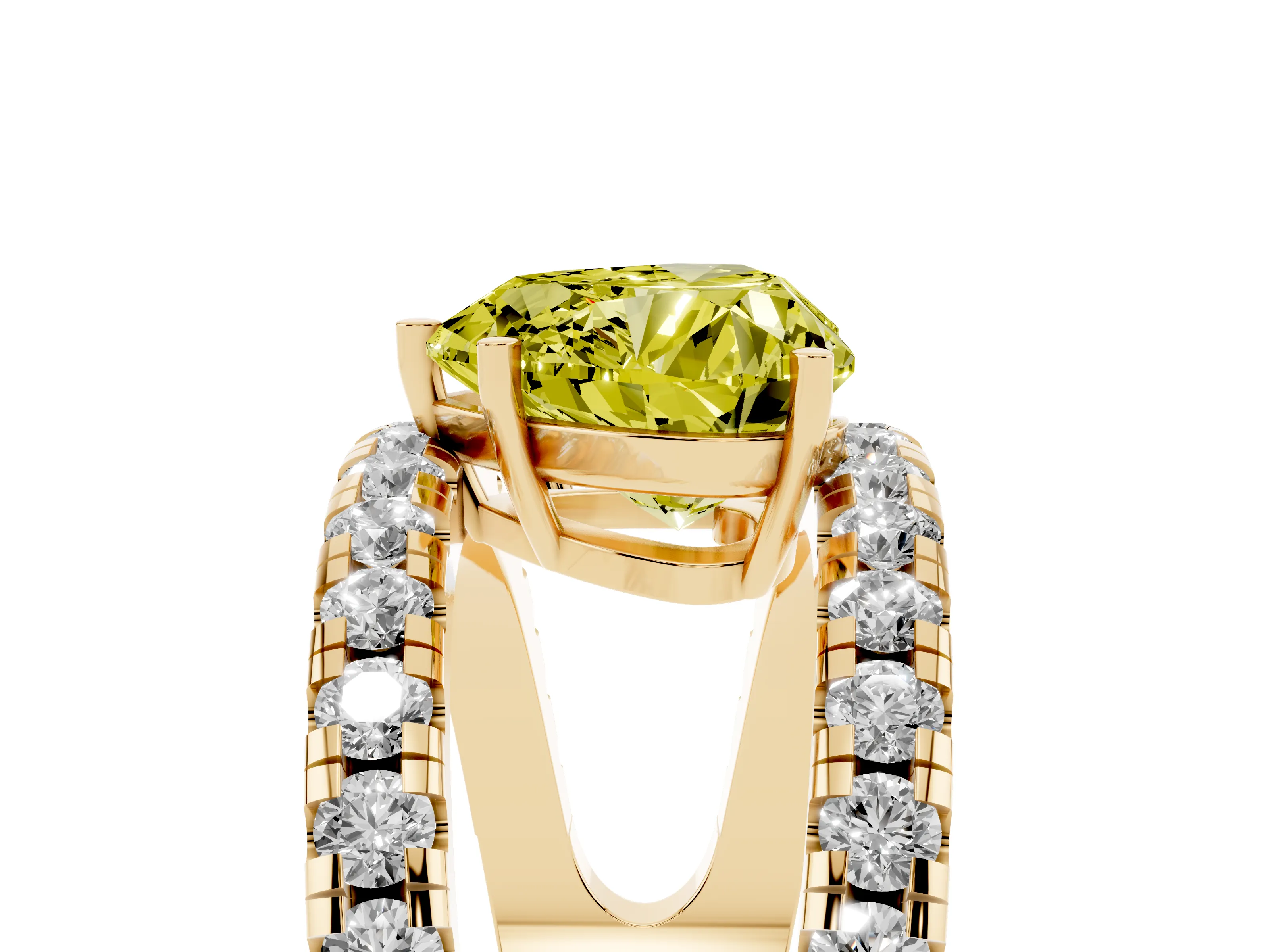Fancy Yellow Heart Cut Diamond Split Shank Pavé Solitaire Ring Set in Yellow gold with Open Shank Design