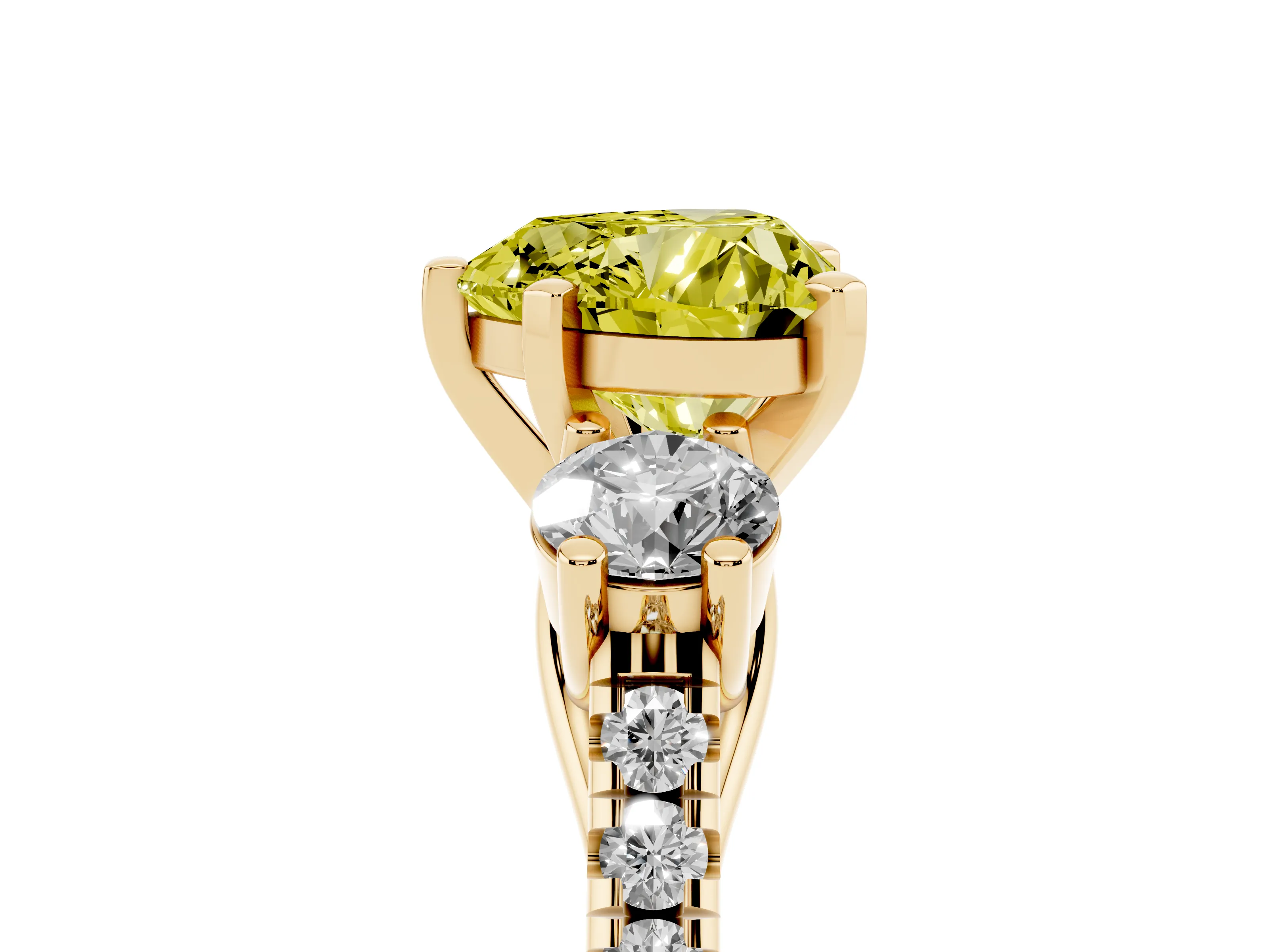 Fancy Yellow Three-Stone Heart Cut Diamond Pavé Band Ring Set in Yellow gold with Prong-Set Trio