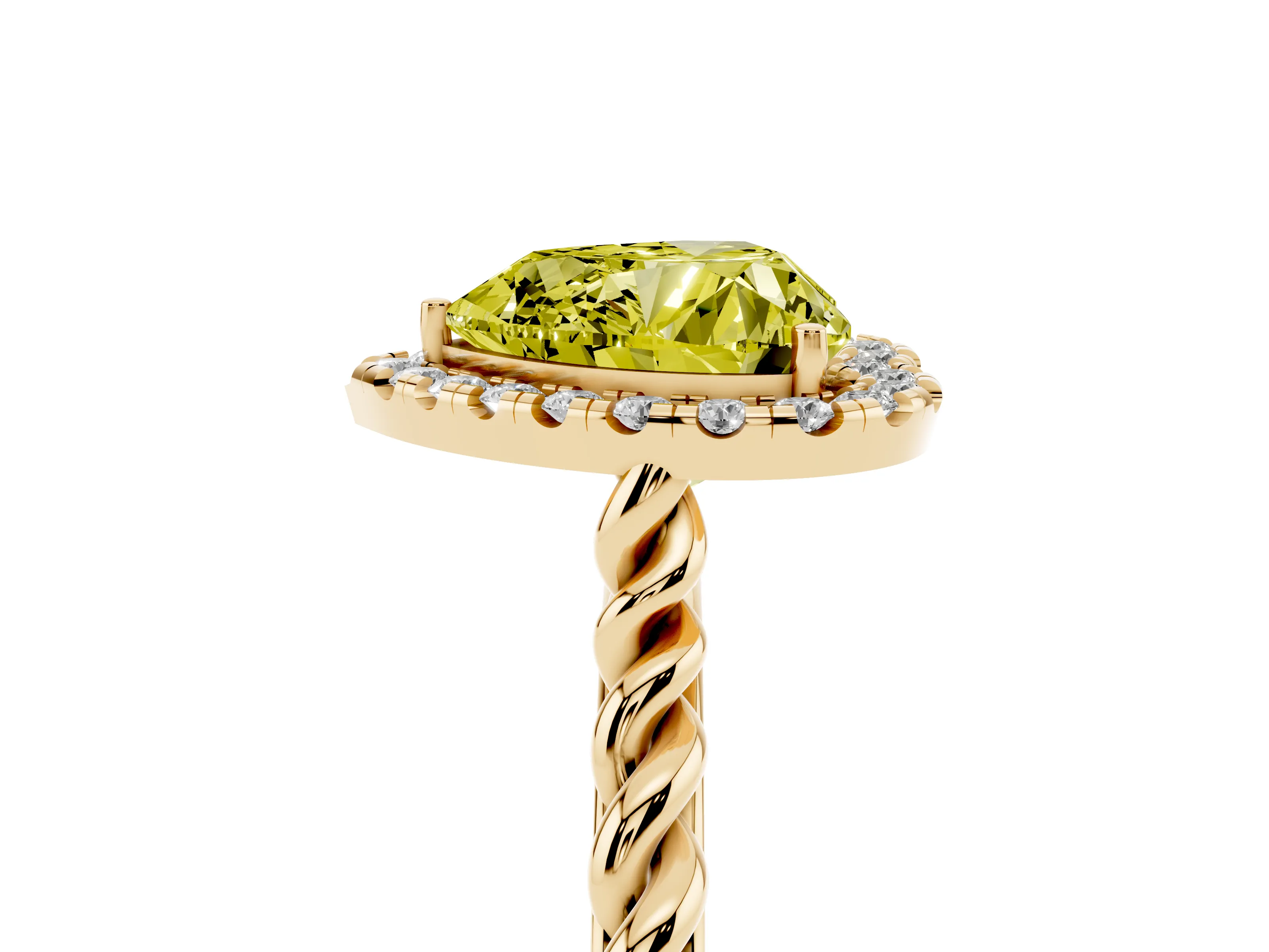 Fancy Yellow Heart Cut Diamond Halo Ring Set in Yellow gold with Plain Twisted Band