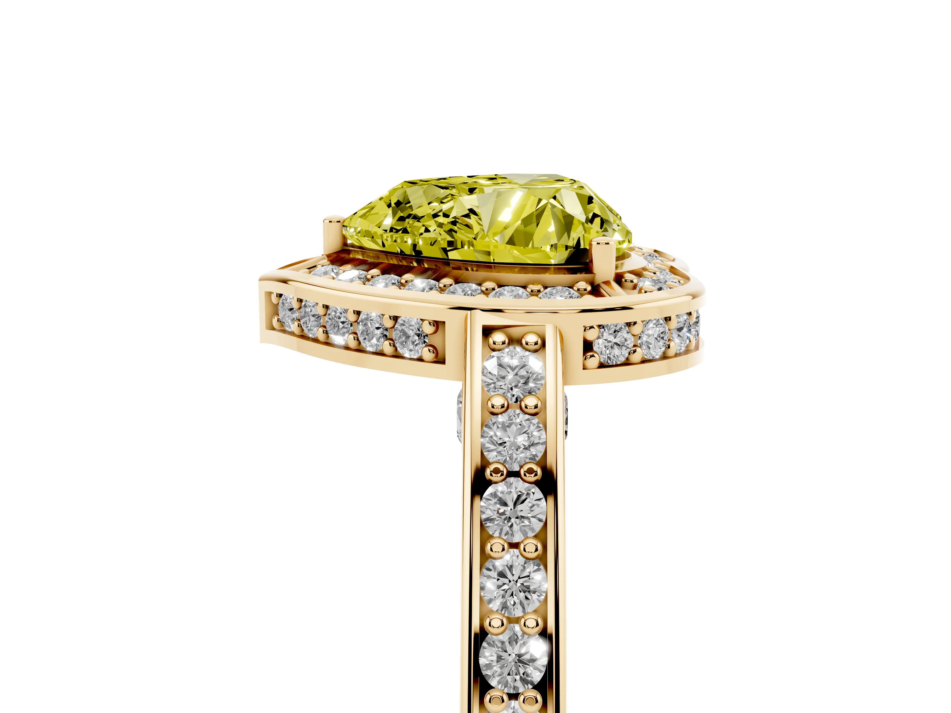 Fancy Yellow Heart Cut Diamond Halo Pavé Split Shank Ring Set in Yellow gold with Prong Setting