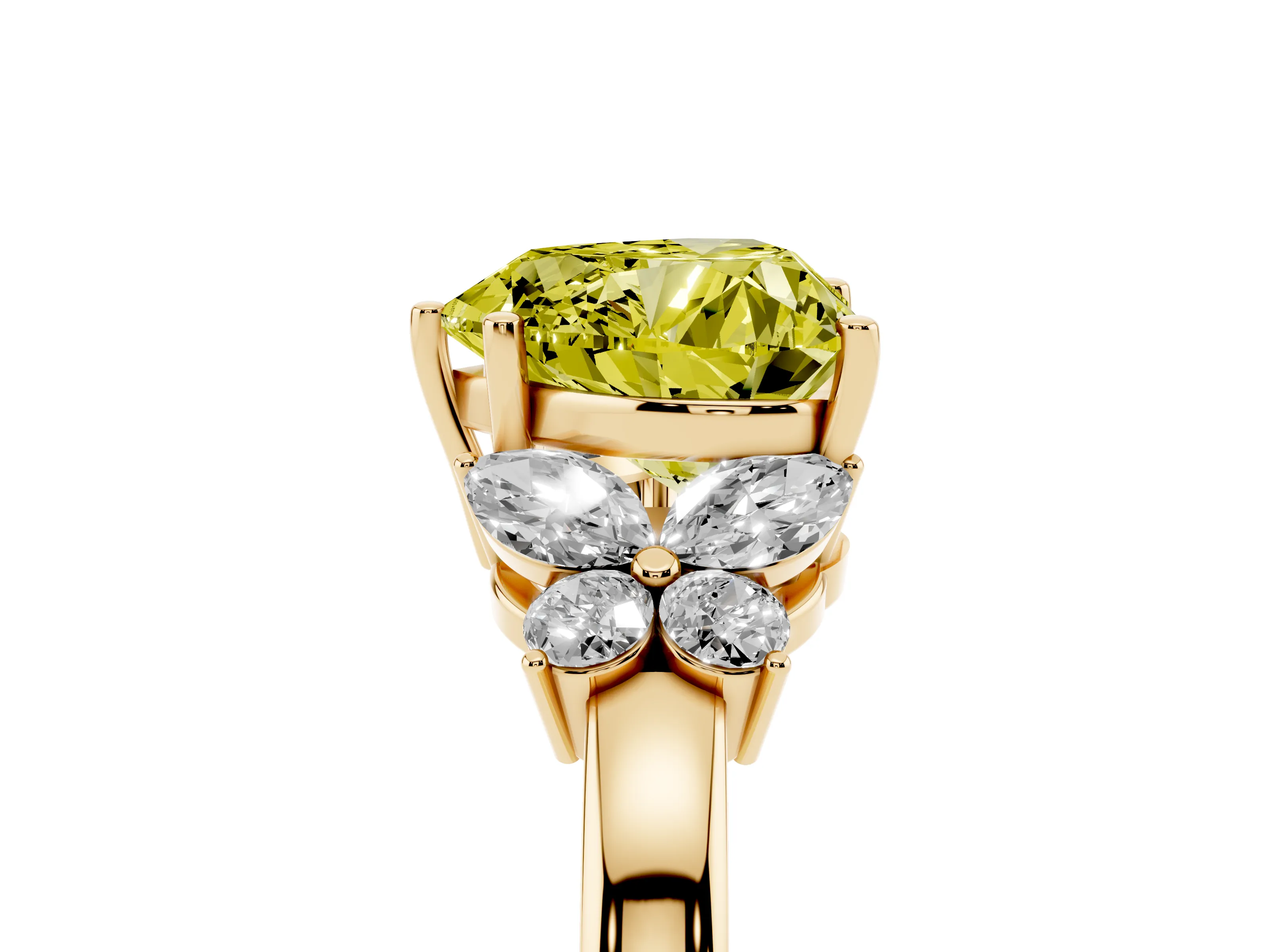 Fancy Yellow Heart Cut Diamond Solitaire Floral Ring Set in Yellow gold with Marquise Petals and Prong Setting