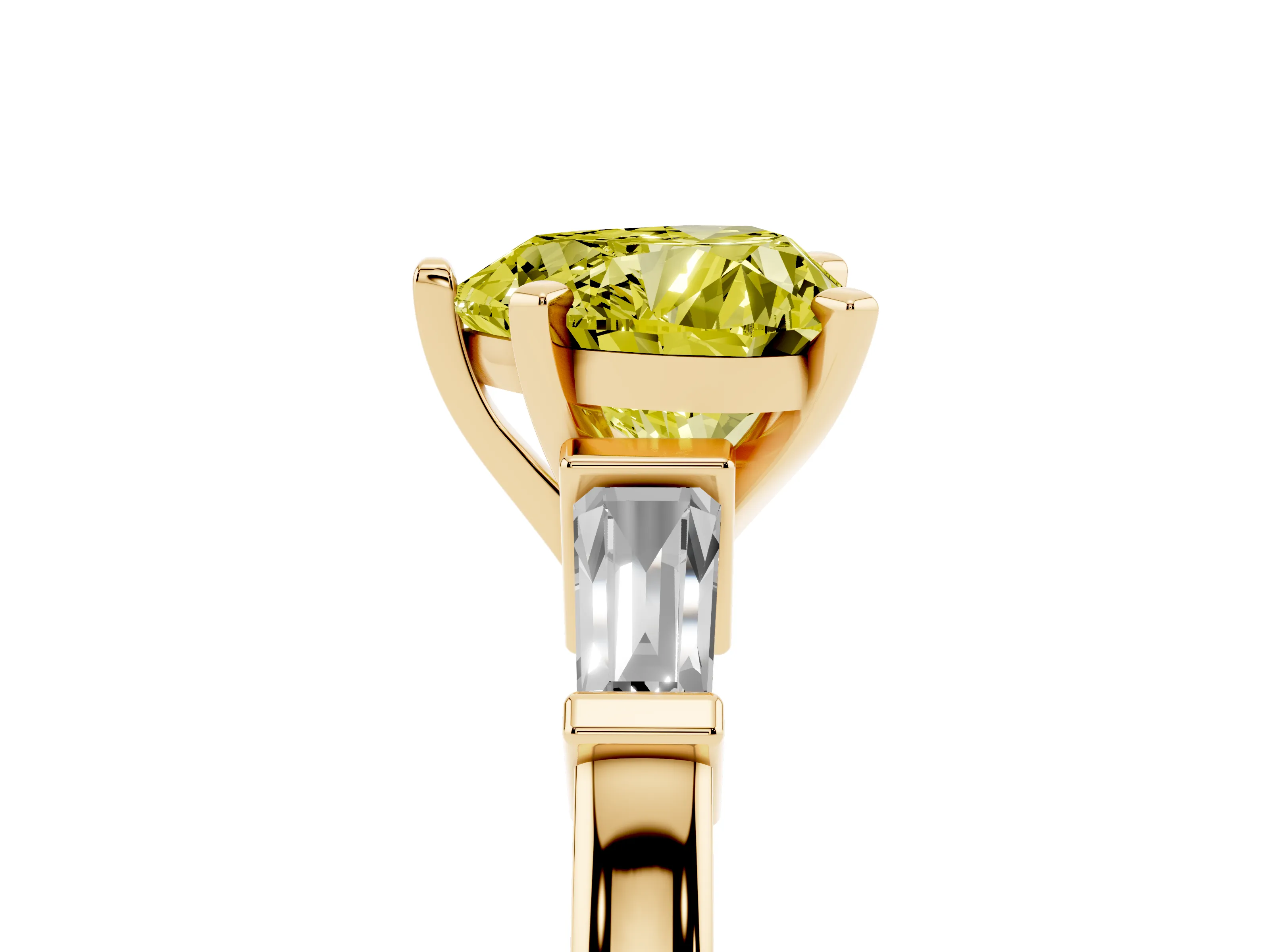Fancy Yellow Heart Cut Diamond Solitaire Ring Set in Yellow gold with Tapered Baguette Accents and Prong Setting