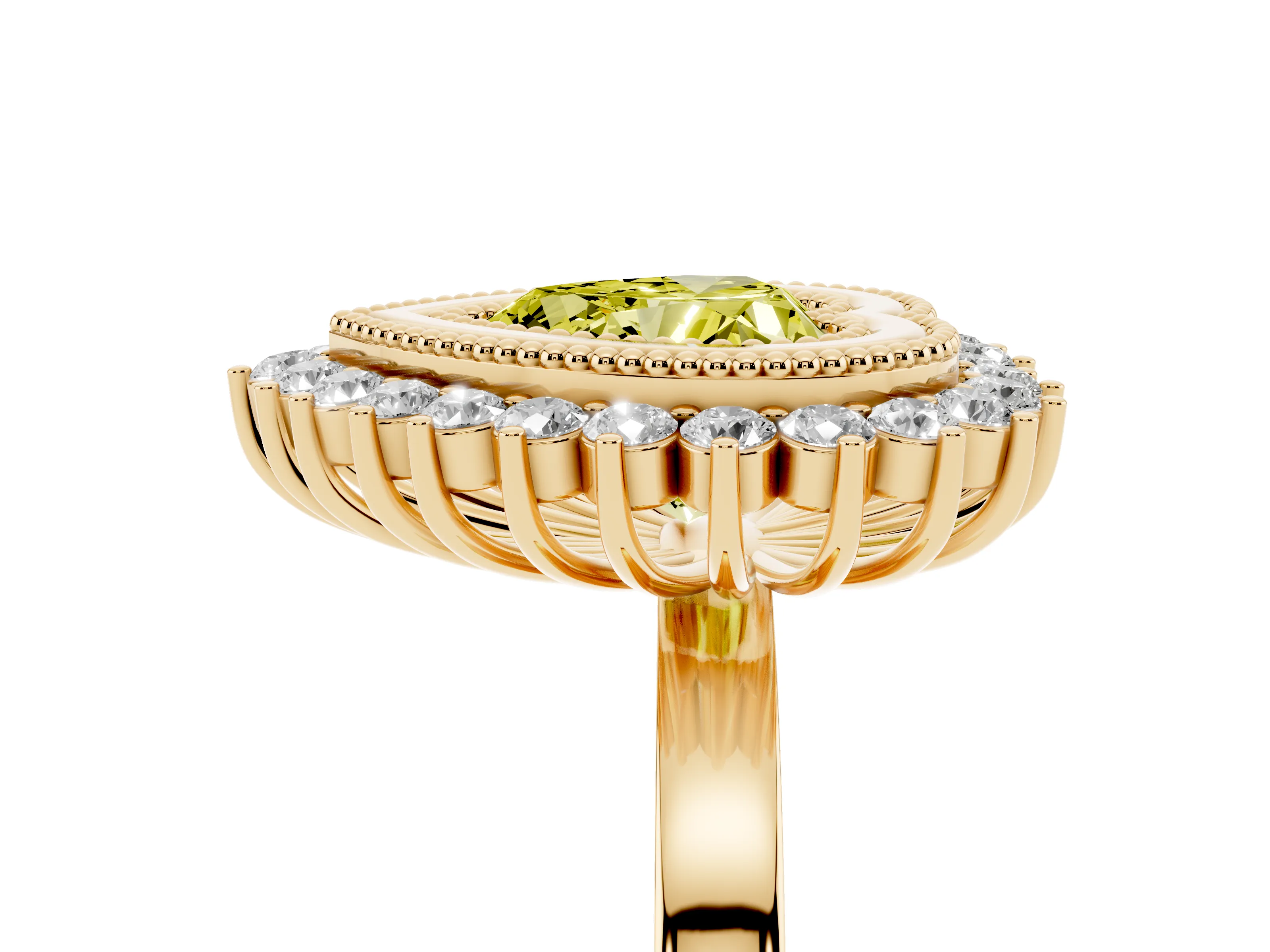 Fancy Yellow Heart Cut Diamond Halo Ring Set in Yellow gold with Milgrain Edge and Round Prong Setting