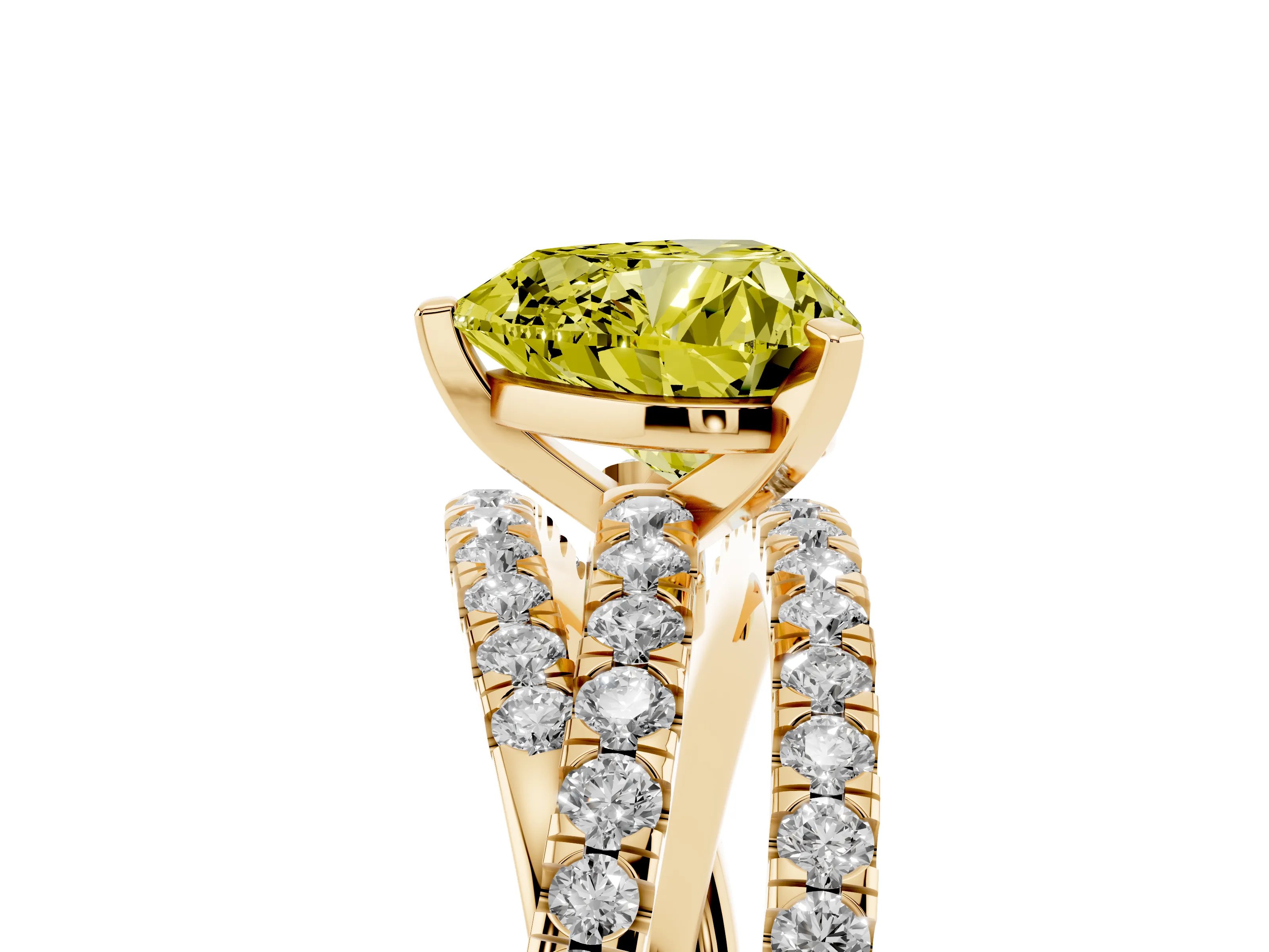 Fancy Yellow Heart Cut Diamond Solitaire Twist Band Ring Set in Yellow gold with Pavé Setting and Prong Head