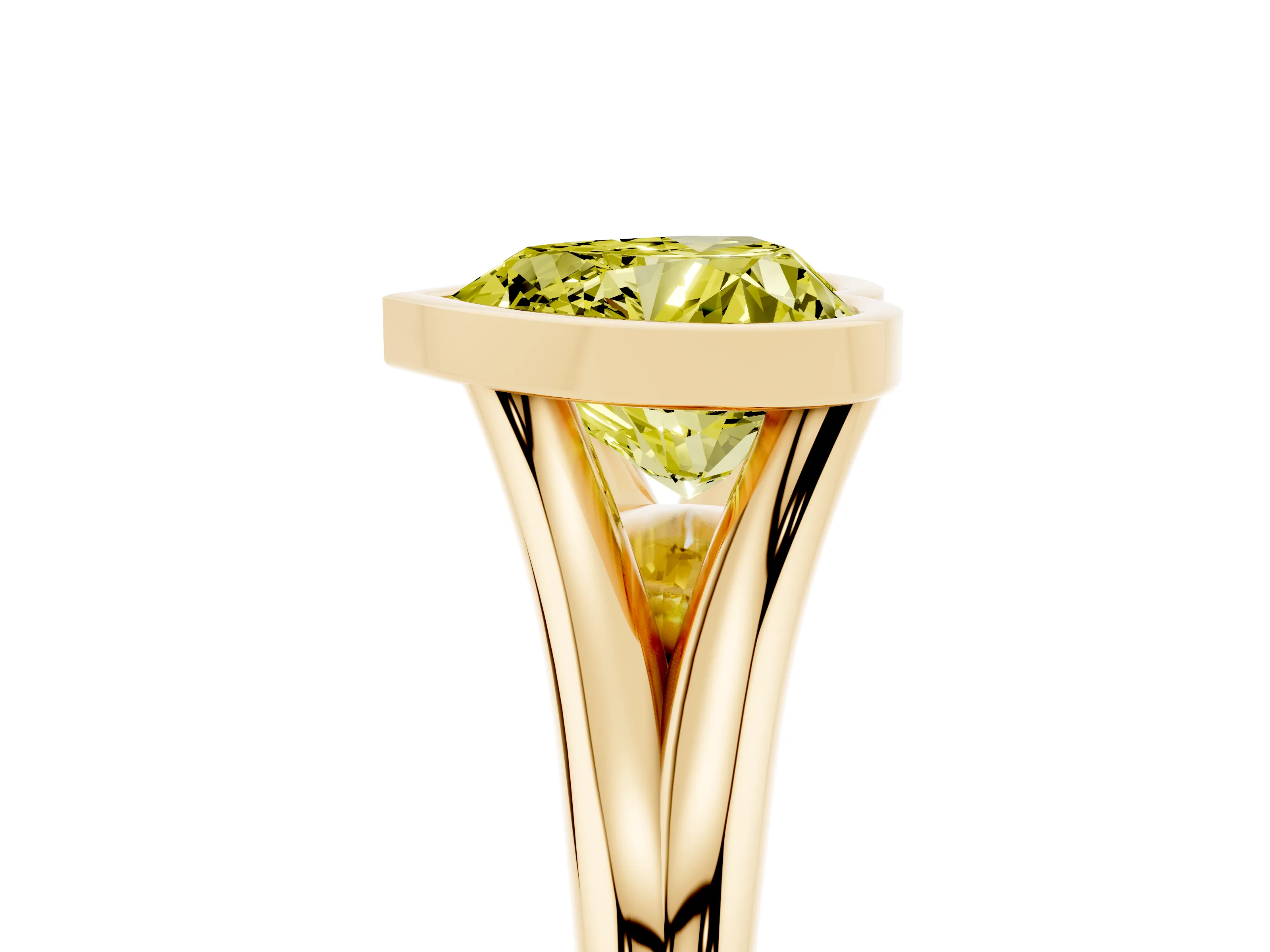 Fancy Yellow Bezel Set Heart Cut Diamond Solitaire Ring Set in Yellow gold with Tapered Band