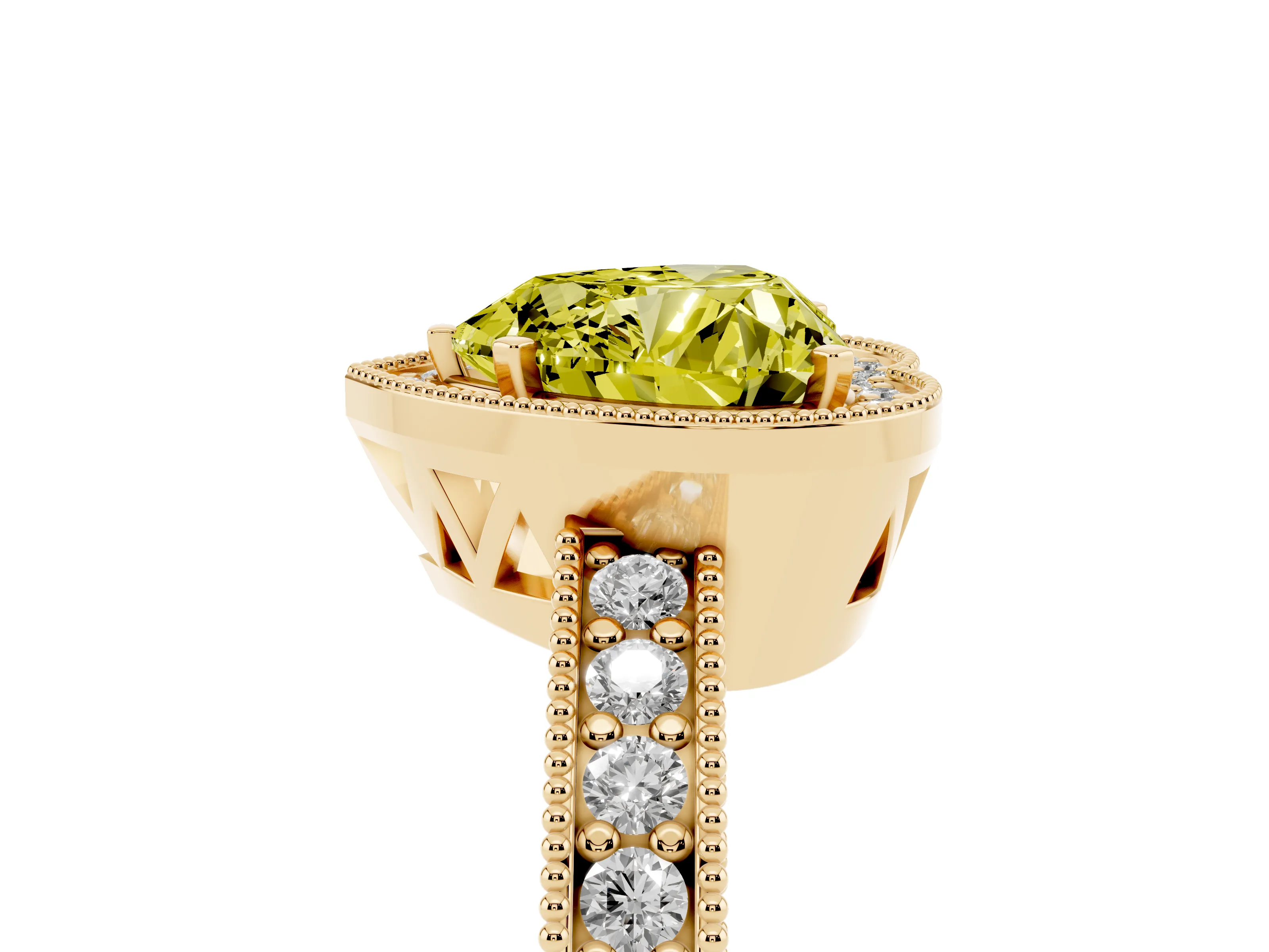 Fancy Yellow Heart Cut Diamond Halo Pavé Band Ring Set in Yellow gold with Prong-Set Center