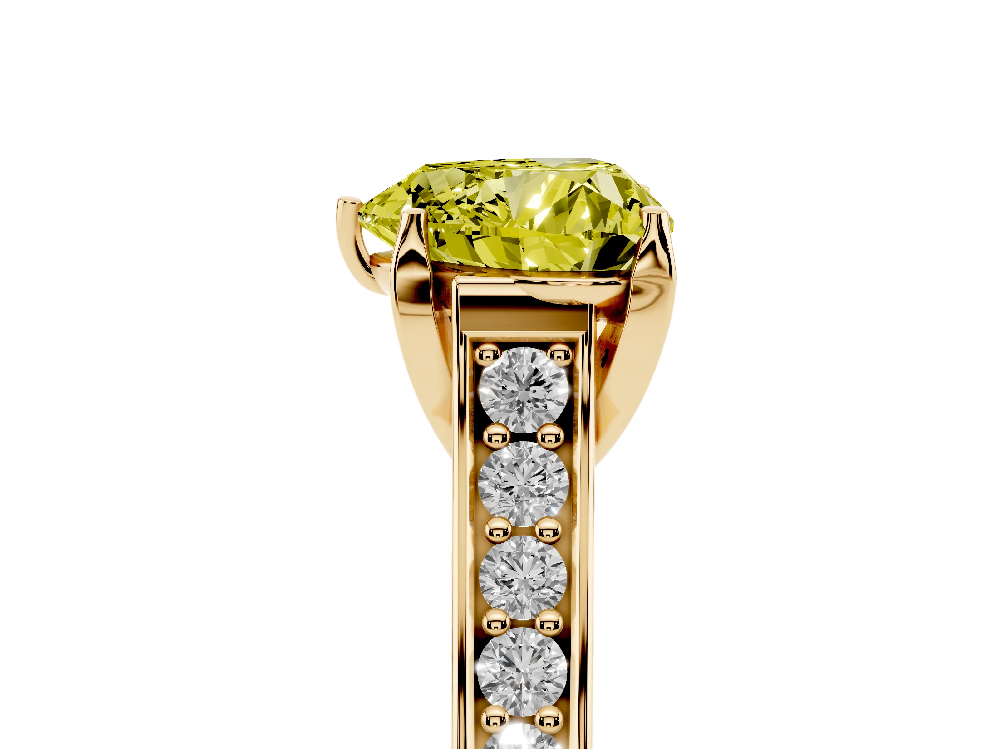 Fancy Yellow Heart Cut Diamond Solitaire Pavé Engagement Ring Set in Yellow gold with Prong Setting