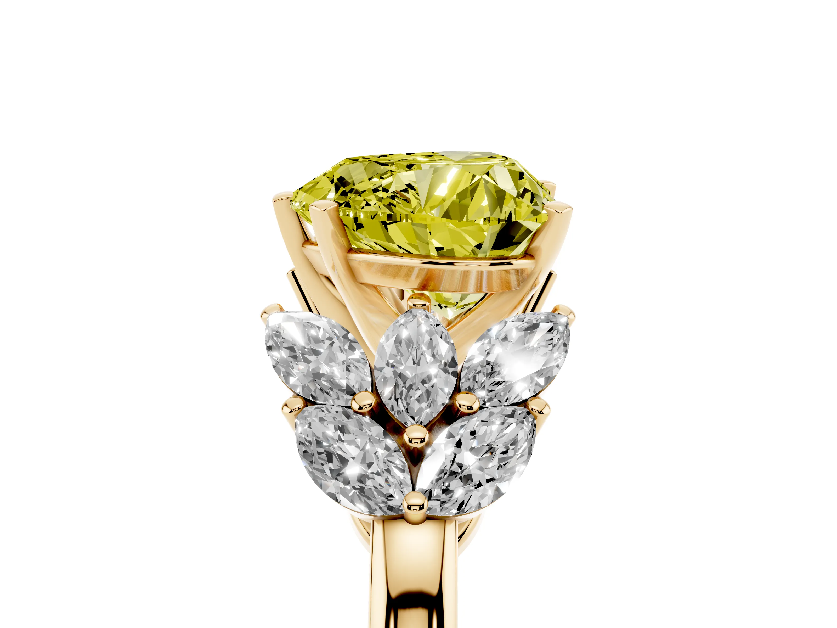 Fancy Yellow Heart Cut Diamond Cluster Leaf Design Ring Set in Yellow gold with Prong Setting