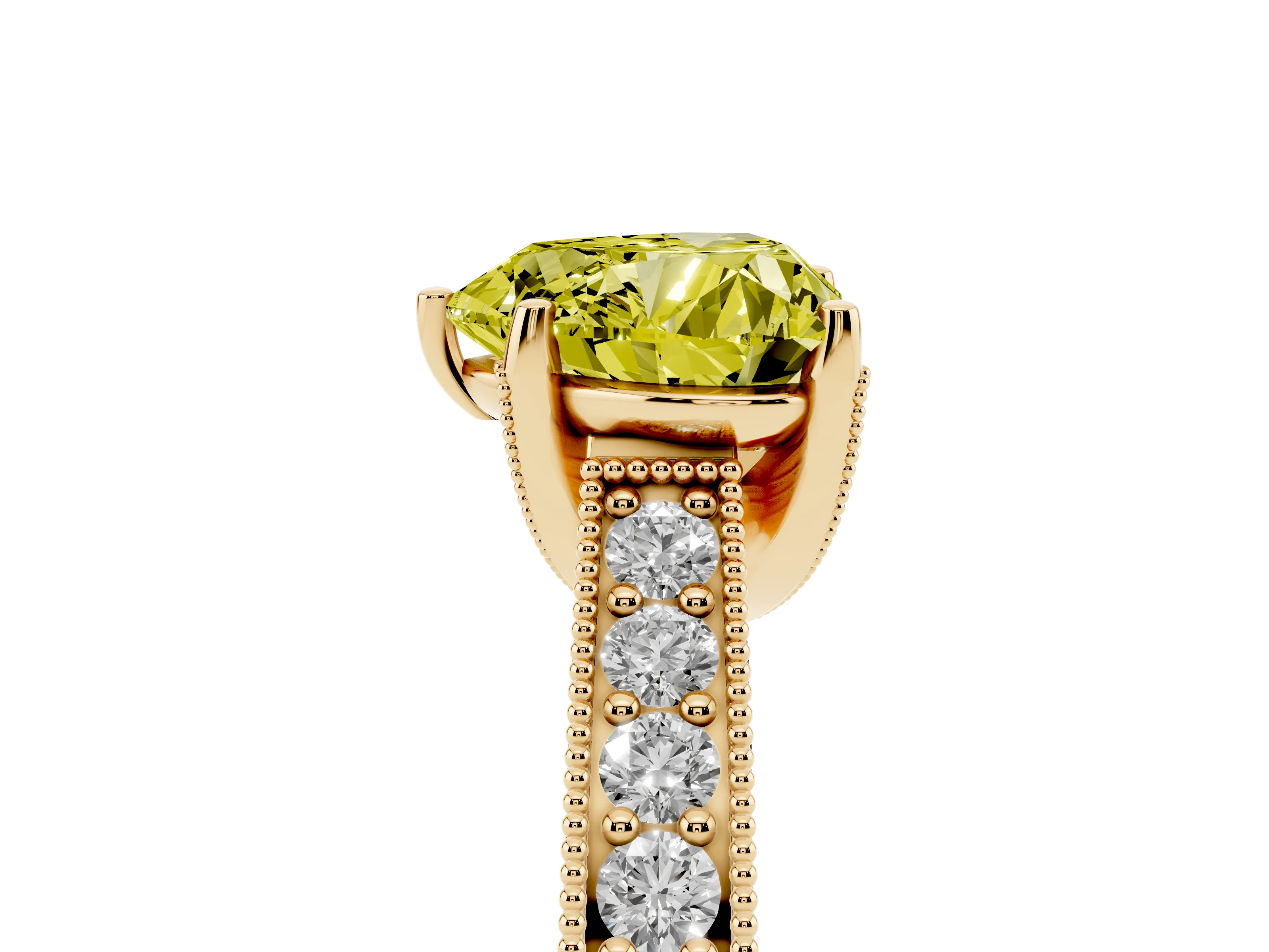 Fancy Yellow Heart Cut Diamond Solitaire Ring Set in Yellow gold with Milgrain-Edged Pavé Band and Prong Setting