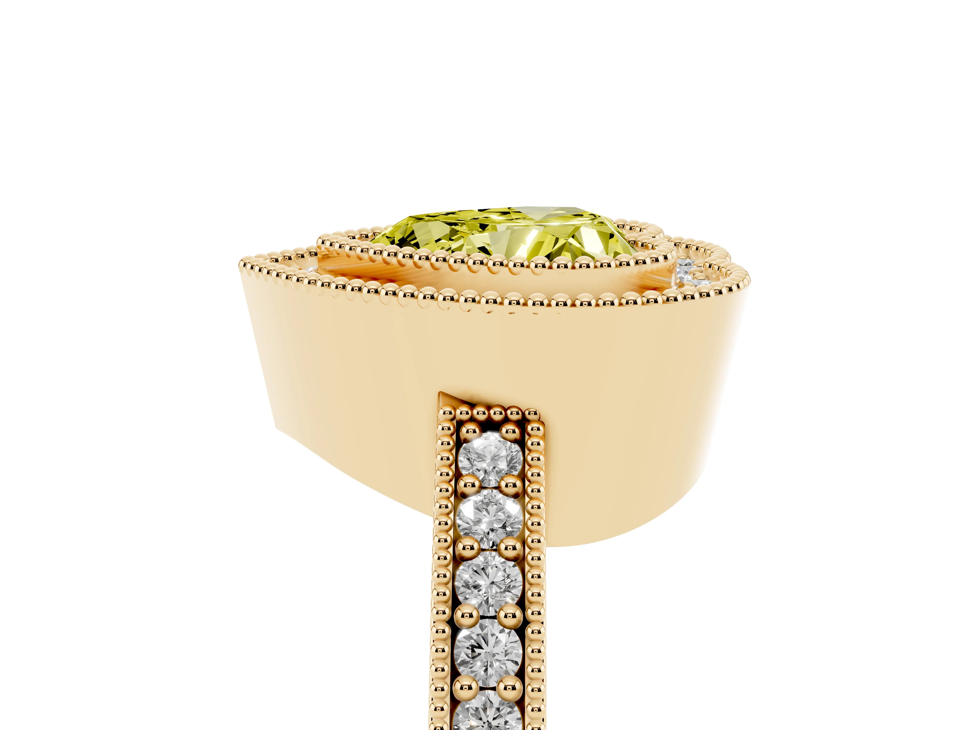 Fancy Yellow Heart Cut Diamond Halo Engagement Ring Set in Yellow gold with Pavé Band and Round Halo Stones