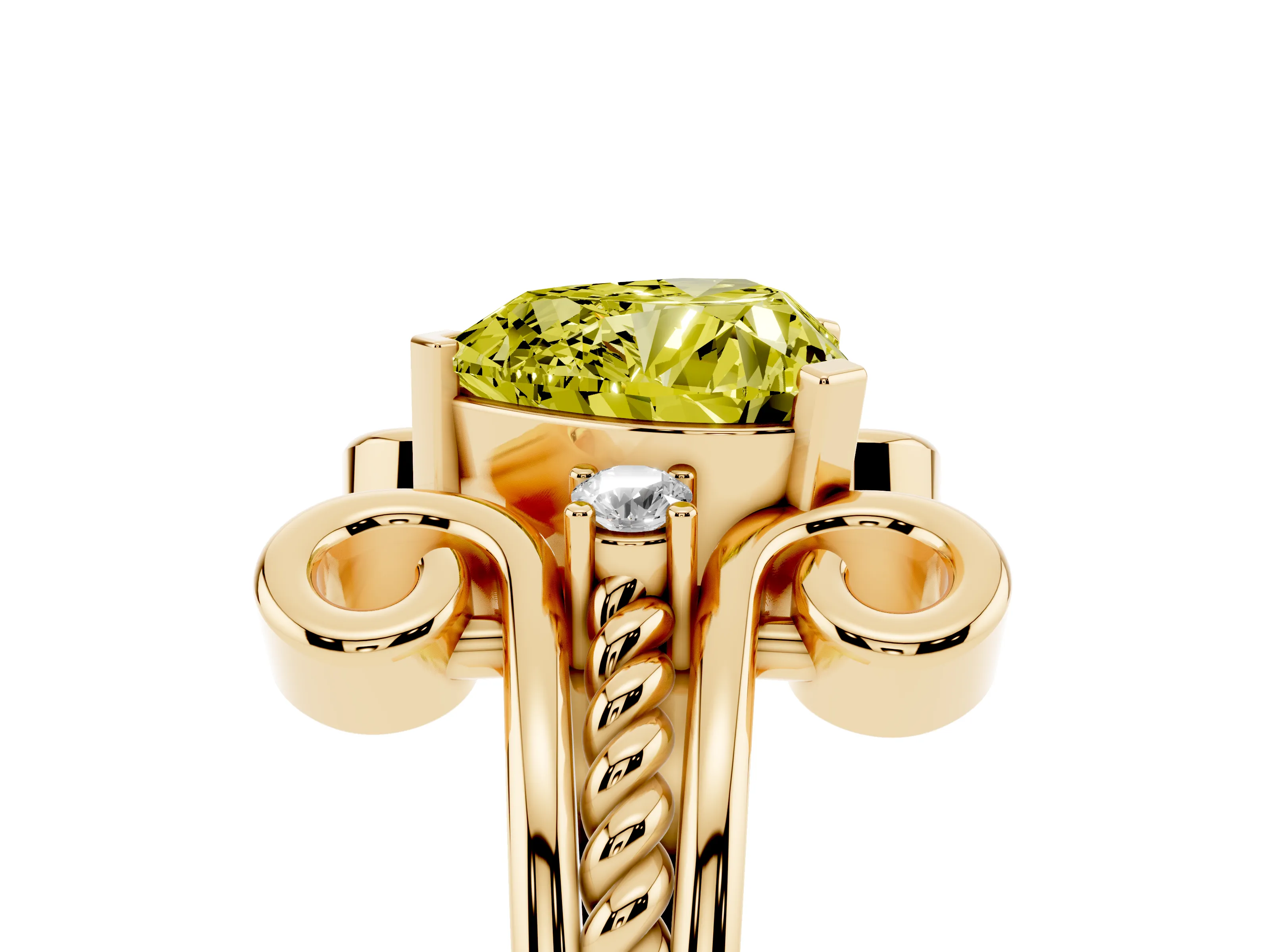 Fancy Yellow Heart Cut Diamond Twisted Band Solitaire Ring Set in Yellow gold with Scroll Prongs