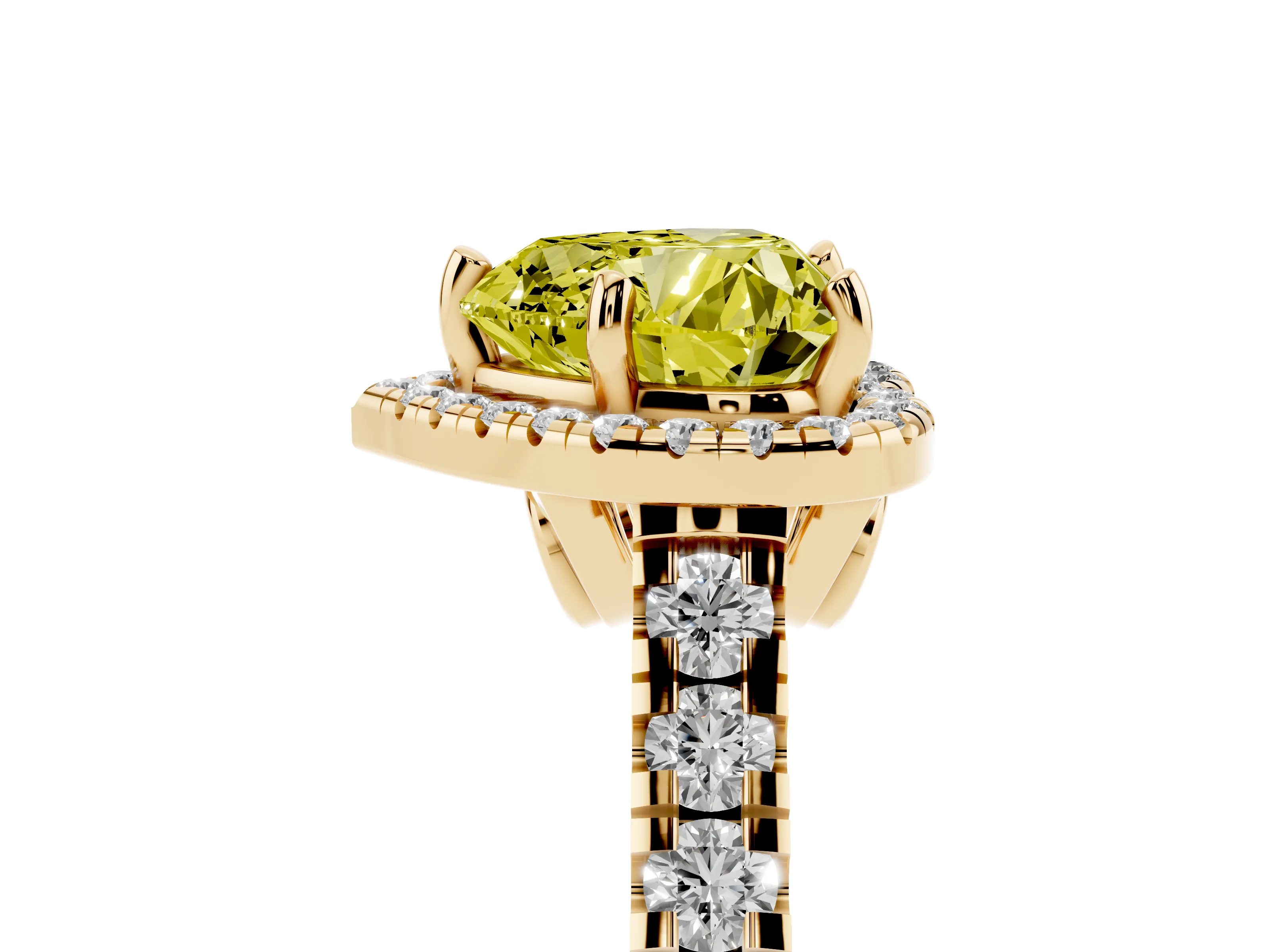 Fancy Yellow Heart Cut Diamond Halo Engagement Ring Set in Yellow gold with Pavé Band and Prong-Set Center