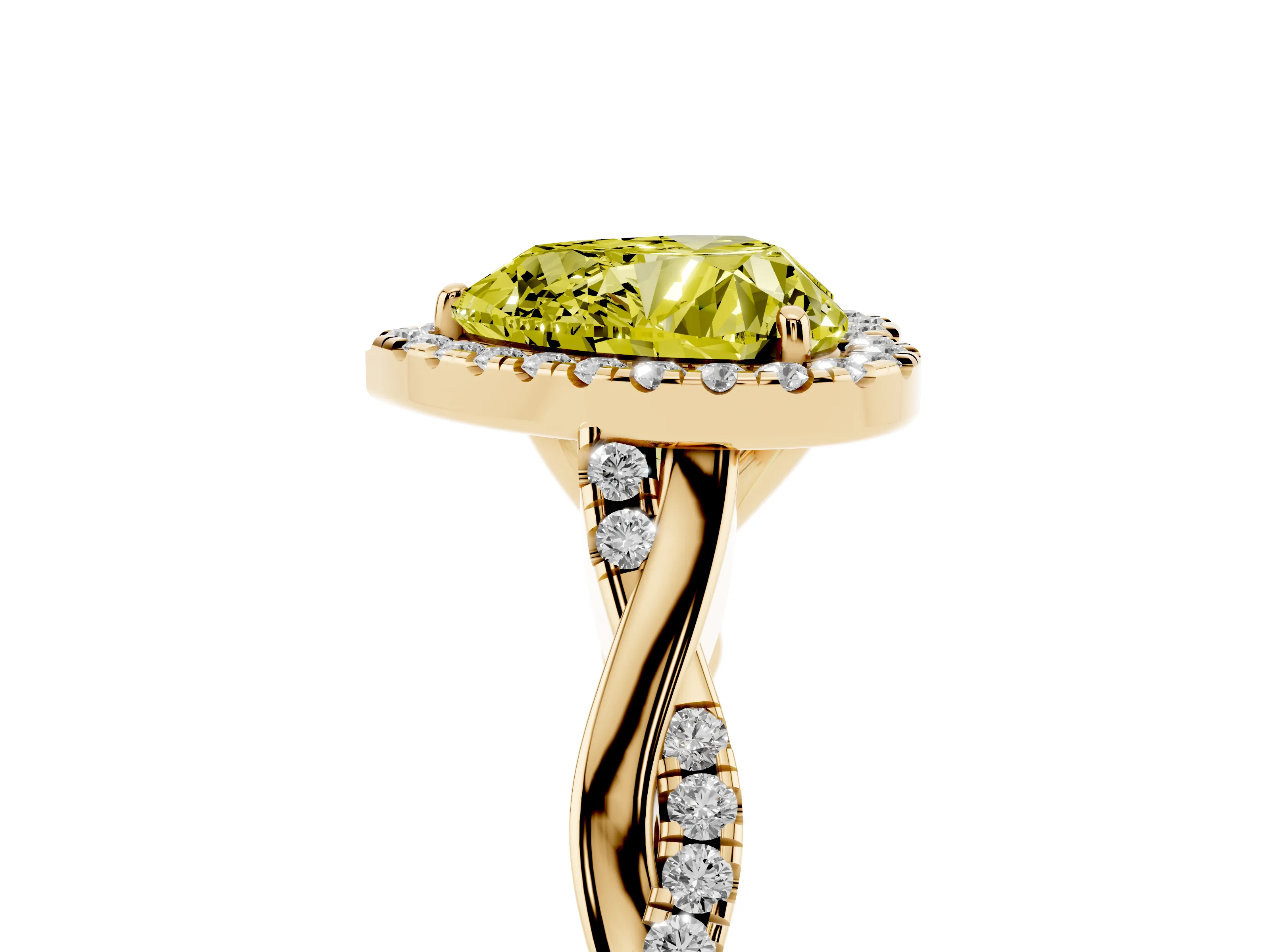 Fancy Yellow Heart Cut Diamond Halo Twist Band Solitaire Ring Set in Yellow gold with Prong Setting
