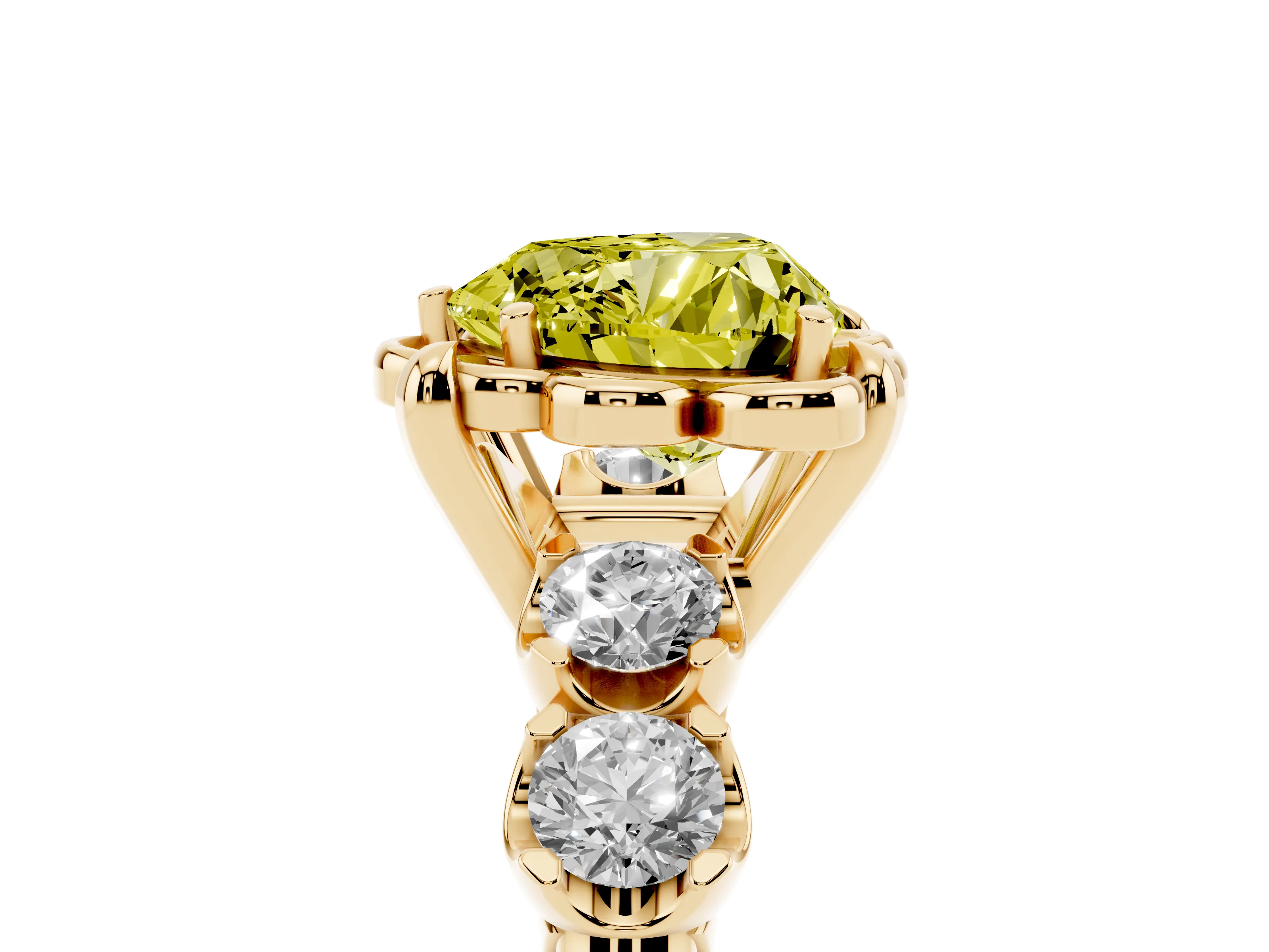 Fancy Yellow Heart Cut Diamond Floral Halo Ring Set in Yellow gold with Shared Prong Band