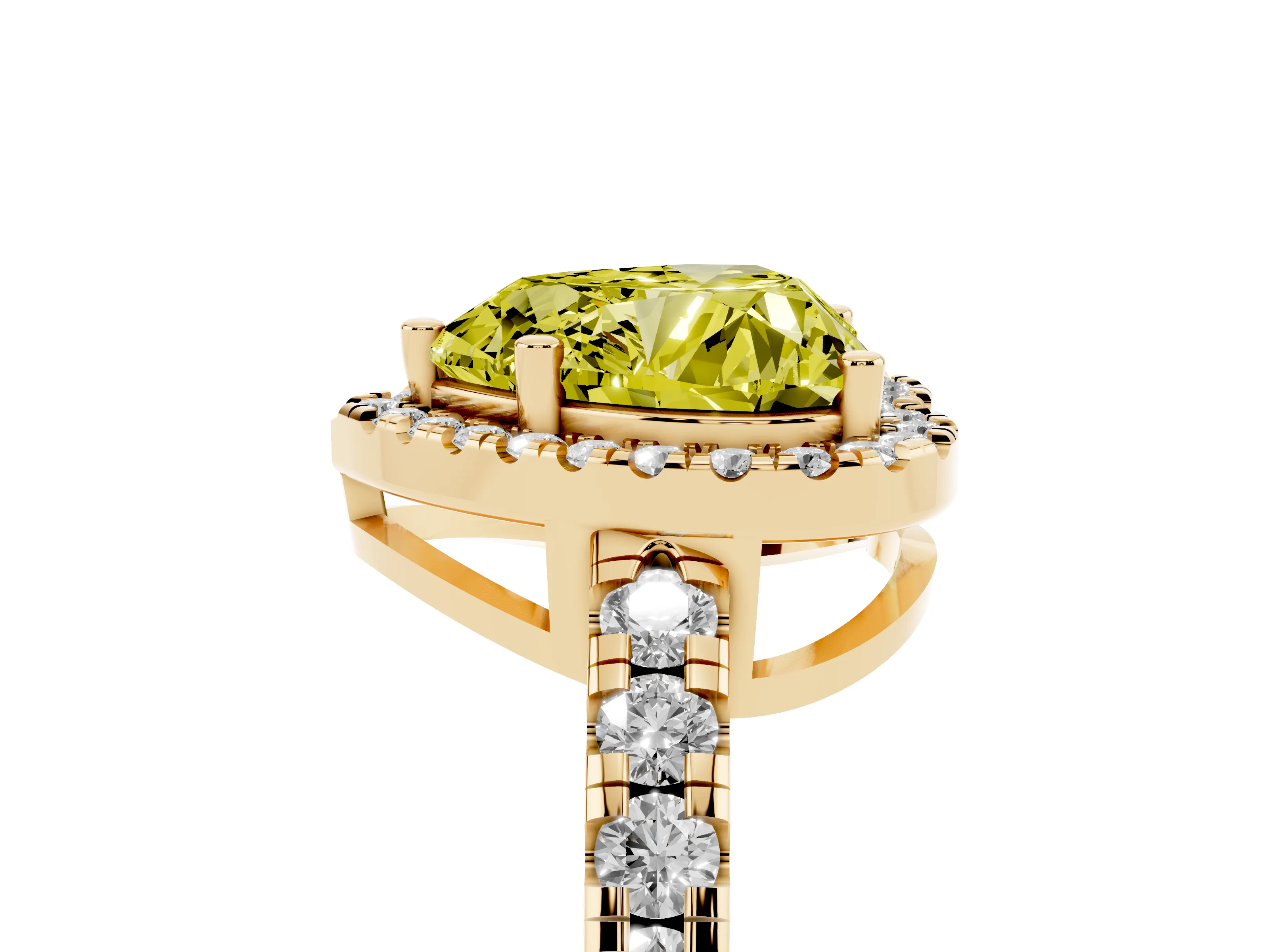 Fancy Yellow Heart Cut Diamond Halo Ring Set in Yellow gold with Delicate Pavé Band and Prong Setting