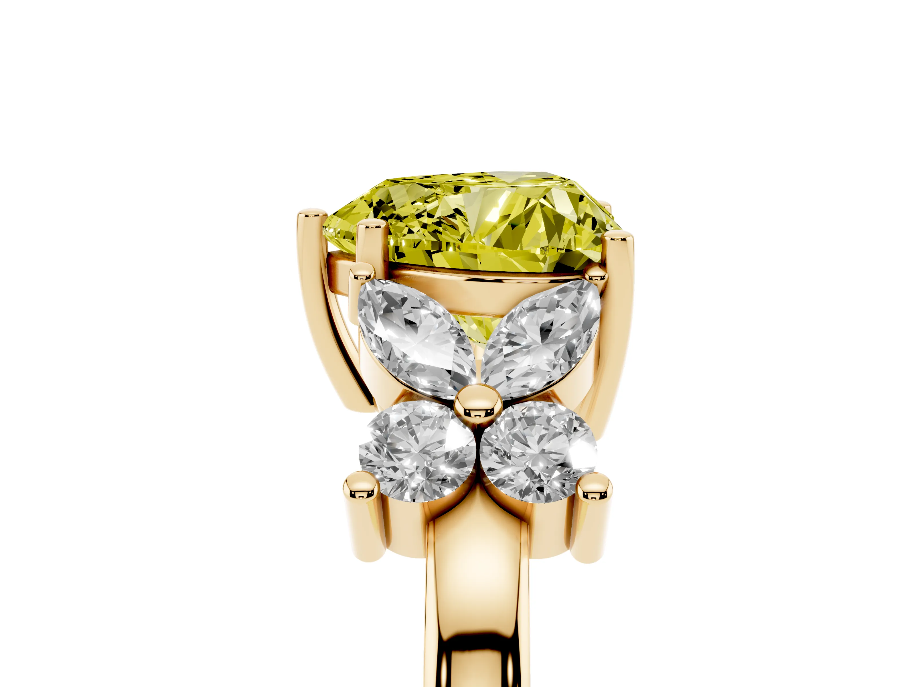 Fancy Yellow Heart Cut Diamond Floral Cluster Ring Set in Yellow gold with Marquise Petals and Prong Setting