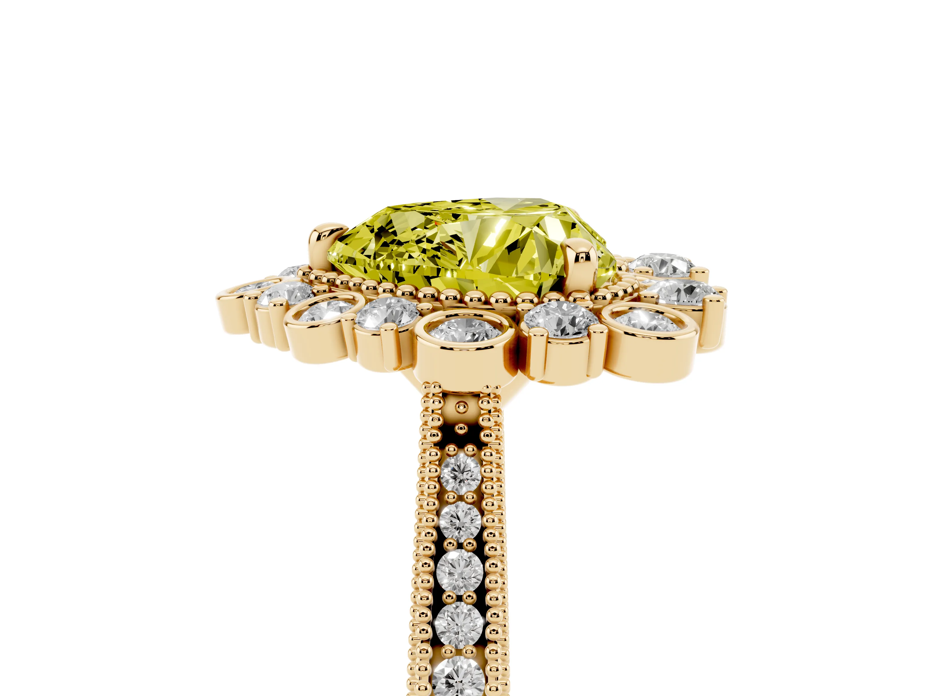 Fancy Yellow Heart Cut Diamond Halo Milgrain Pavé Ring Set in Yellow gold with Prong Setting