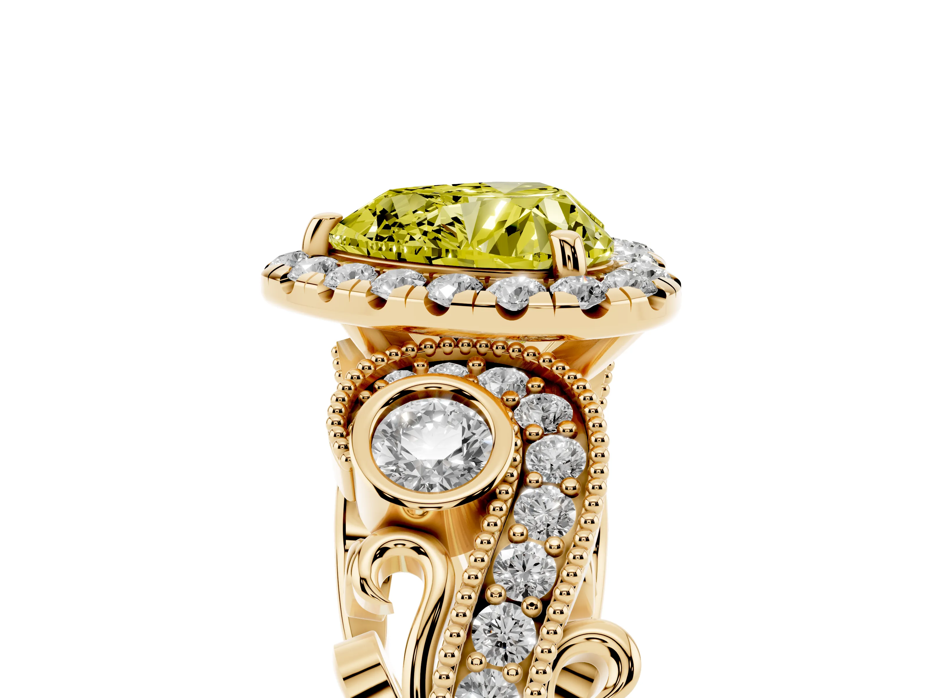 Fancy Yellow Heart Cut Diamond Halo Ring Set in Yellow gold with Milgrain Pavé Band and Prong Setting