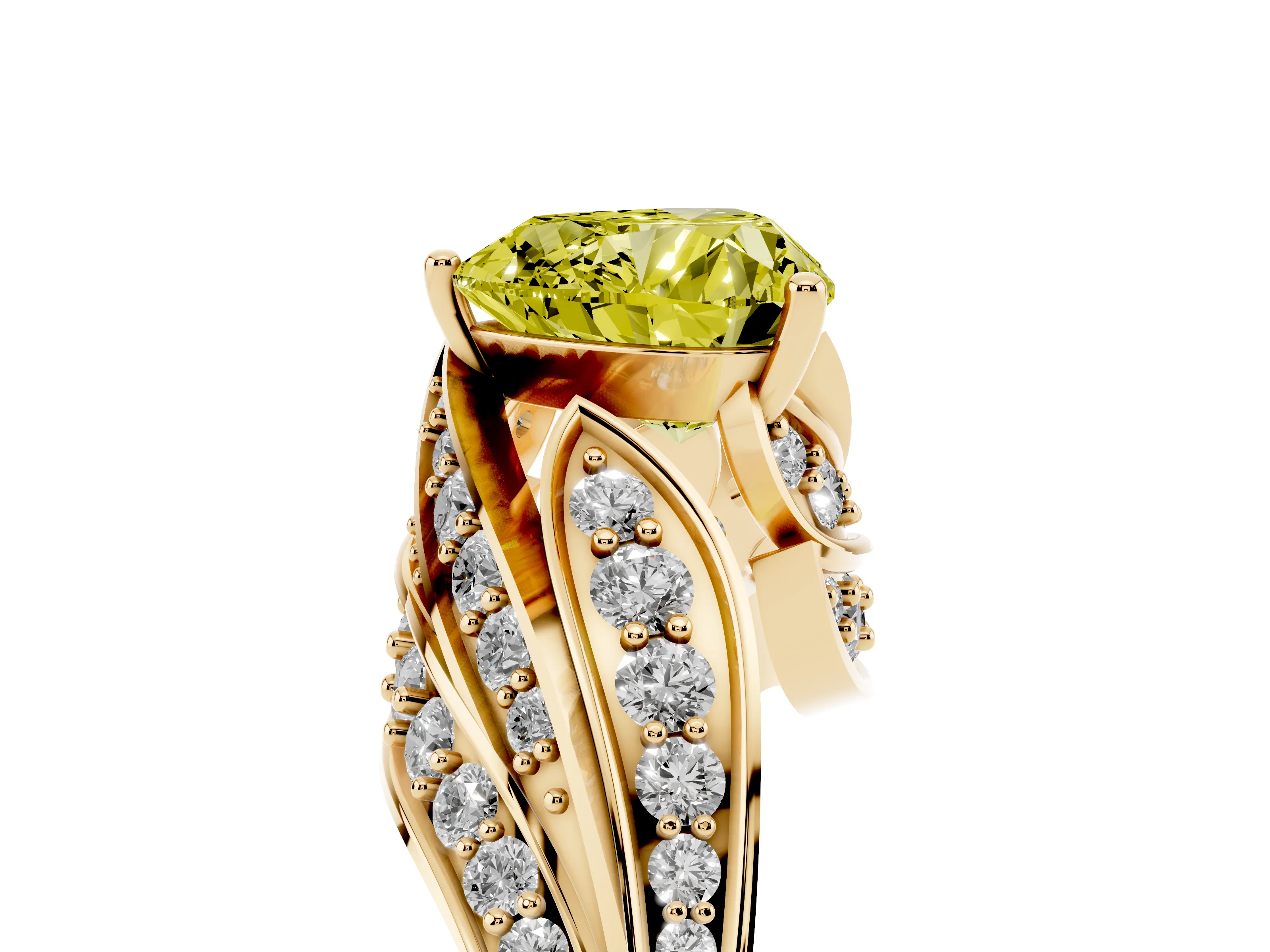 Fancy Yellow Heart Cut Diamond Solitaire Ring Set in Yellow gold with Layered Twist Pavé Band