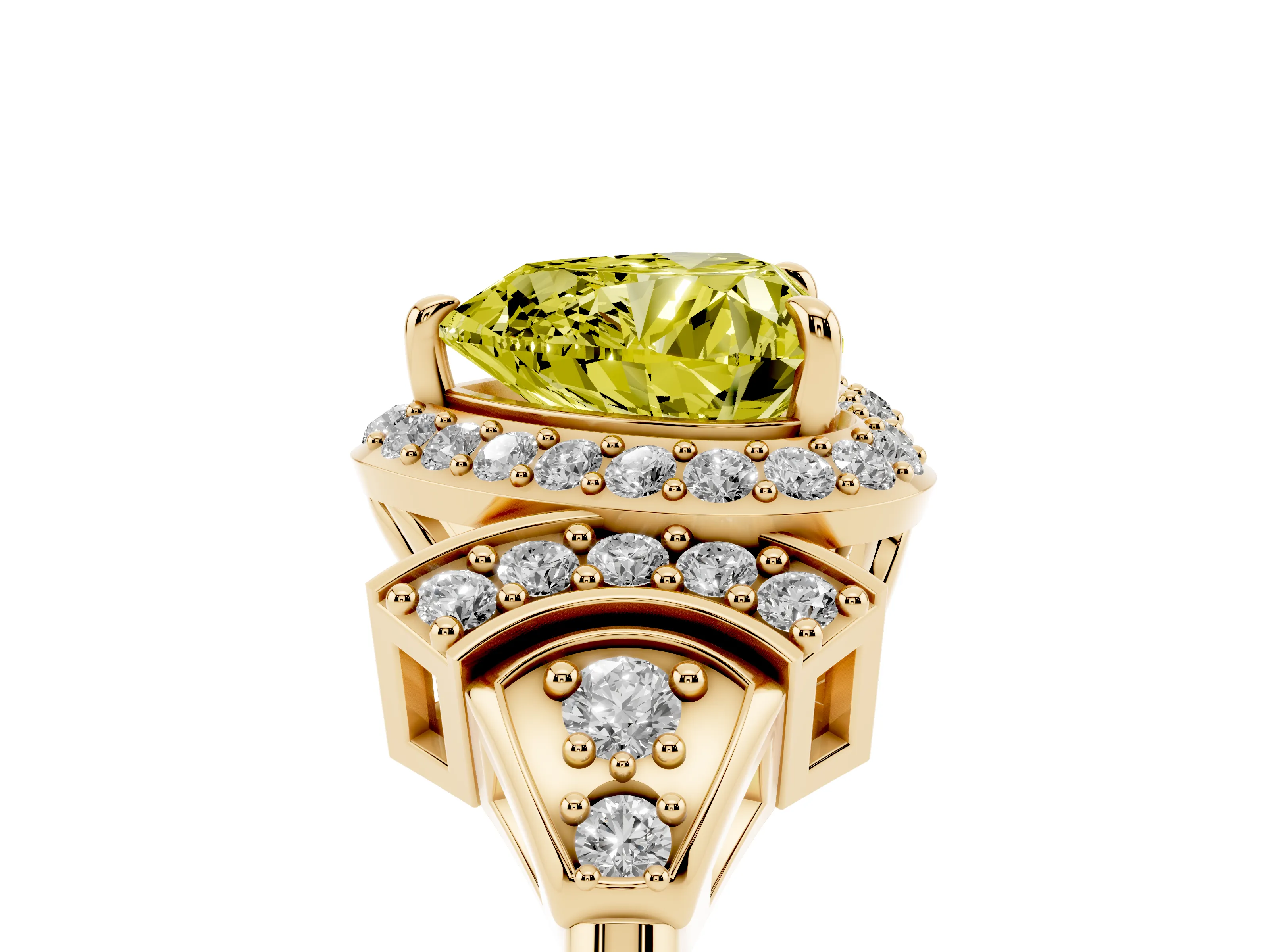 Fancy Yellow Heart Cut Diamond Halo Engagement Ring Set in Yellow gold with Accent Stone Split Shank