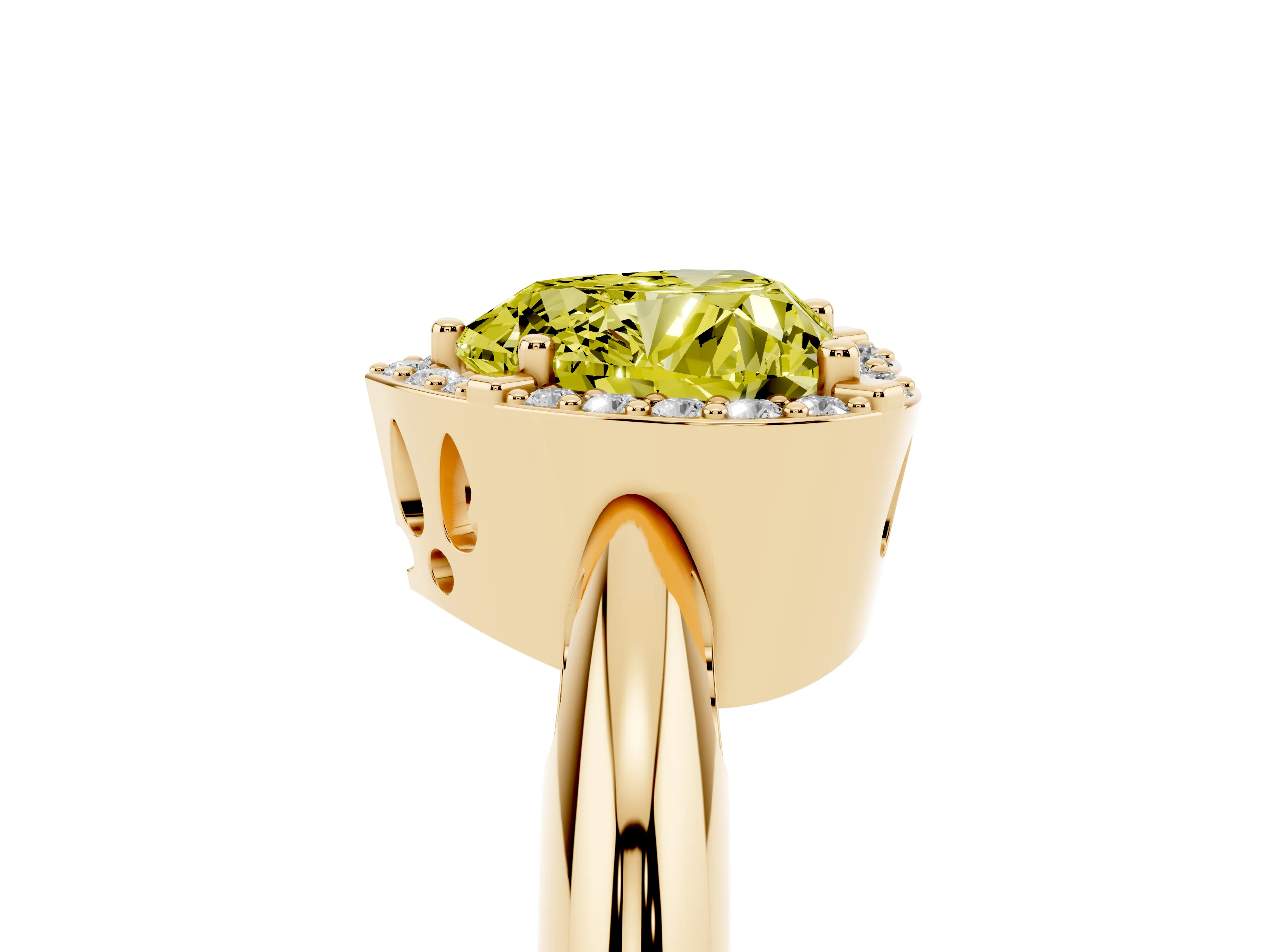 Fancy Yellow Heart Cut Diamond Halo Engagement Ring Set in Yellow gold with Plain Split Shank and Prong Setting