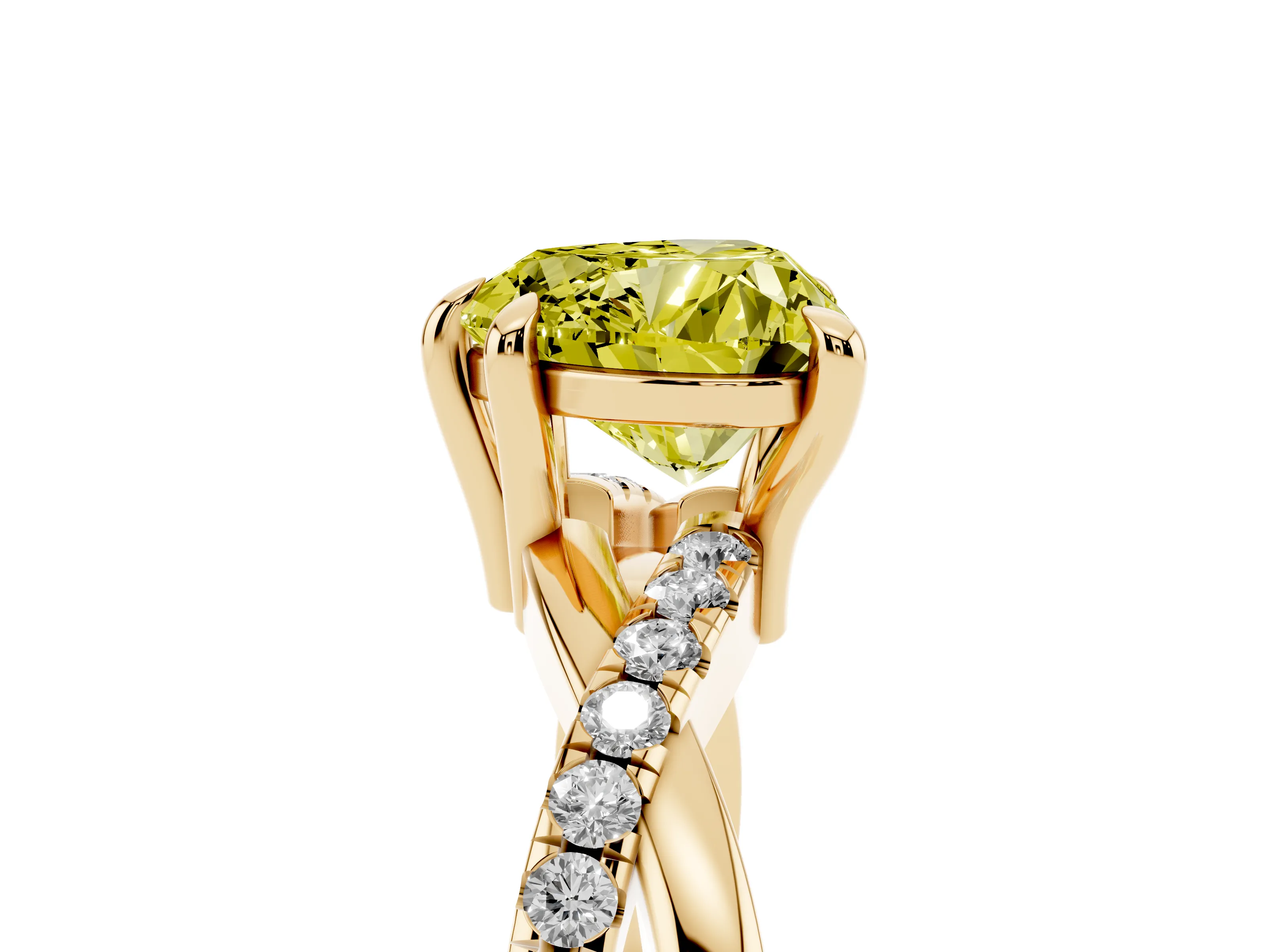 Fancy Yellow Heart Cut Diamond Twist Band Solitaire Set in Yellow gold with Pavé Accents and Prong Setting