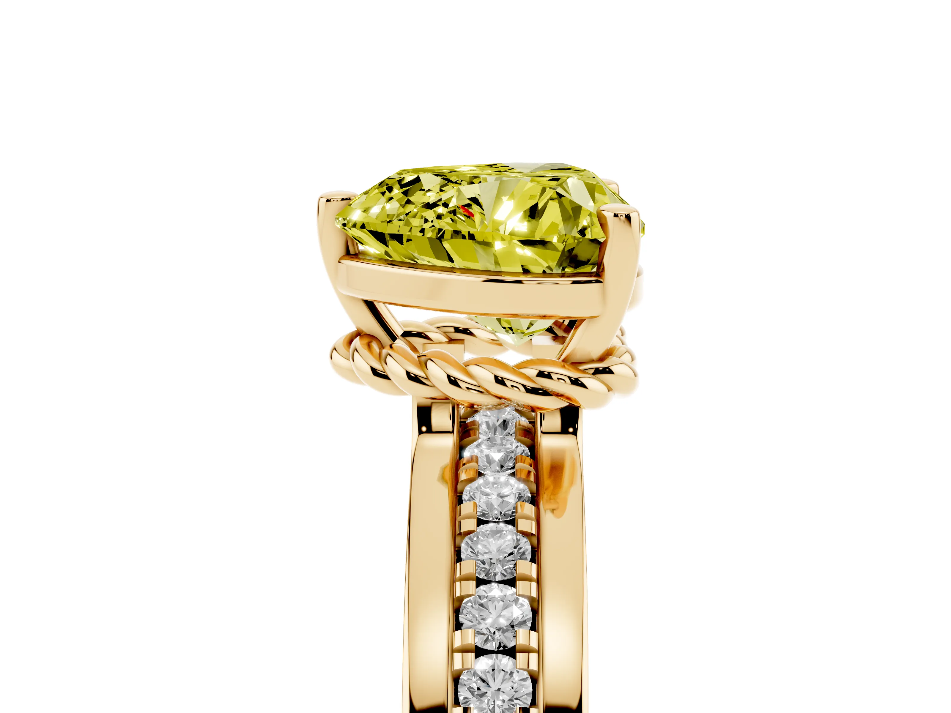 Fancy Yellow Heart Cut Diamond Solitaire Ring Set in Yellow gold with Channel Set Band and Prong Setting