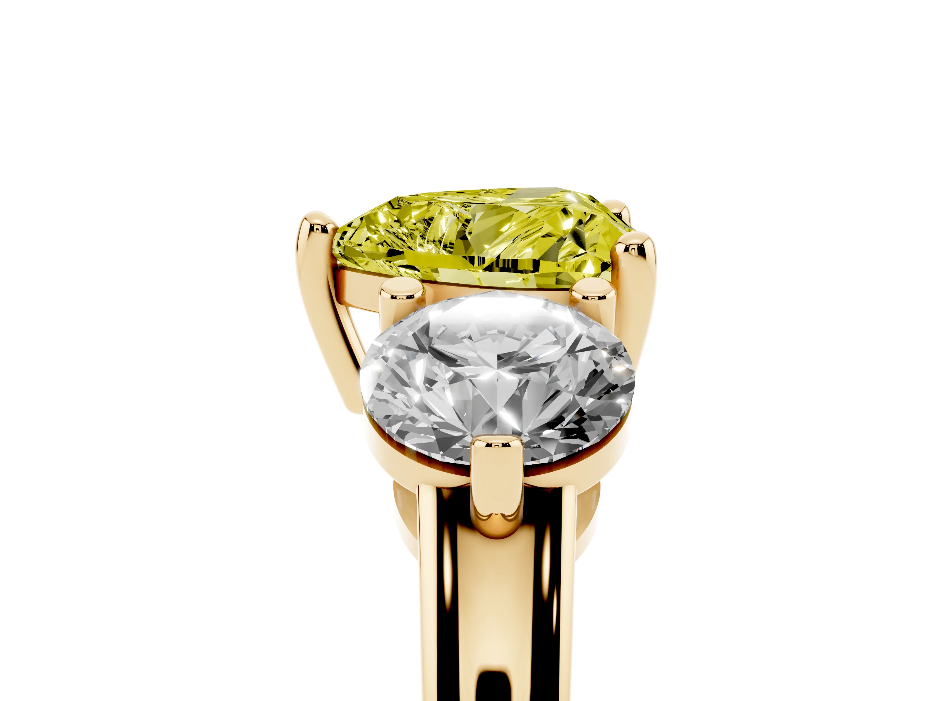 Fancy Yellow Heart Cut Diamond Three-Stone Ring Set in Yellow gold with Prong Setting and Classic Band