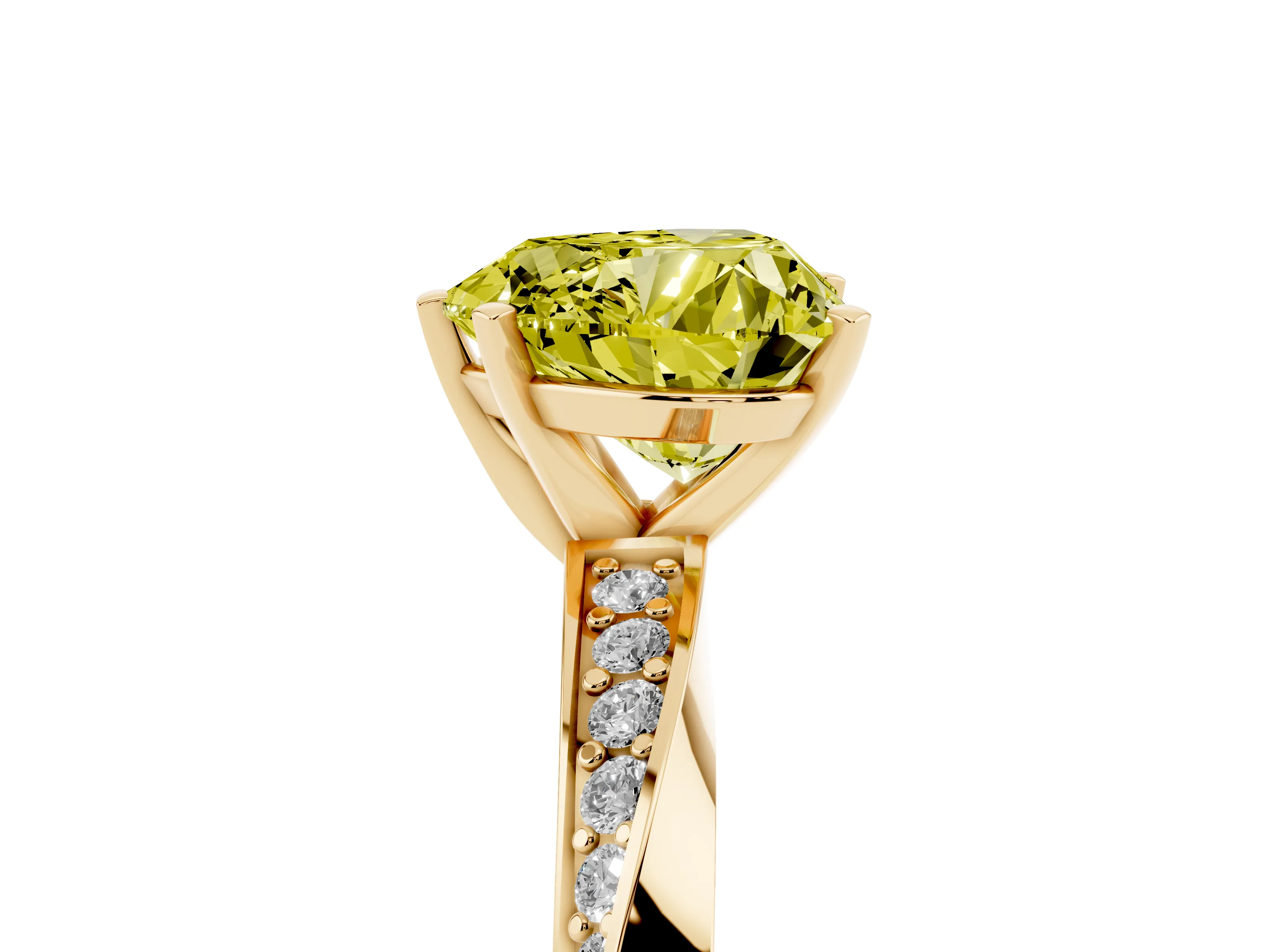 Fancy Yellow Heart Cut Diamond Engagement Ring Set in Yellow gold with Side Stone Accents and Prong Setting