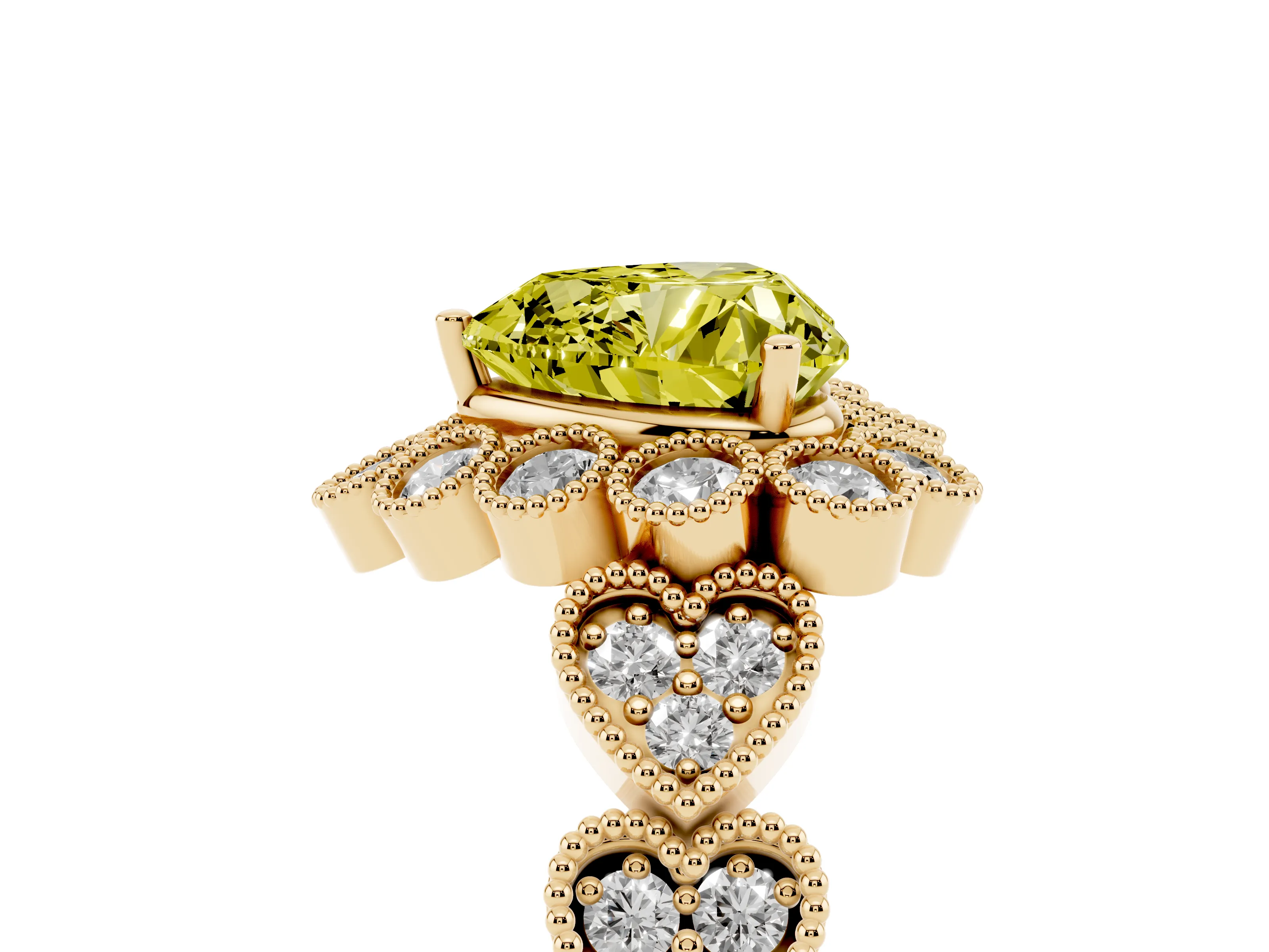 Fancy Yellow Heart Cut Diamond Solitaire Ring Set in Yellow gold with Milgrain Pavé Heart Band