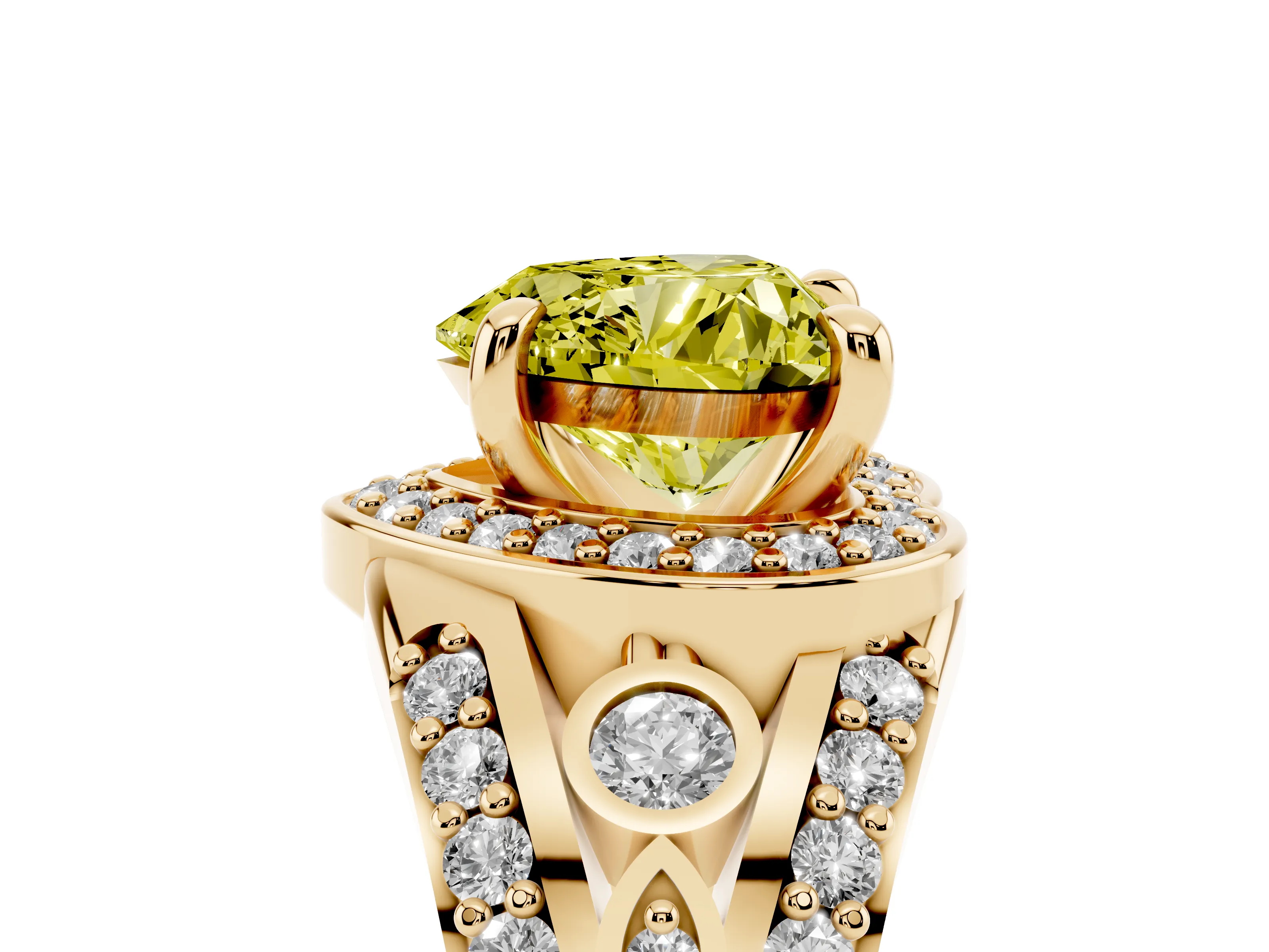 Fancy Yellow Heart Cut Diamond Halo Ring Set in Yellow gold with Pavé Split Shank and Bezel Accents