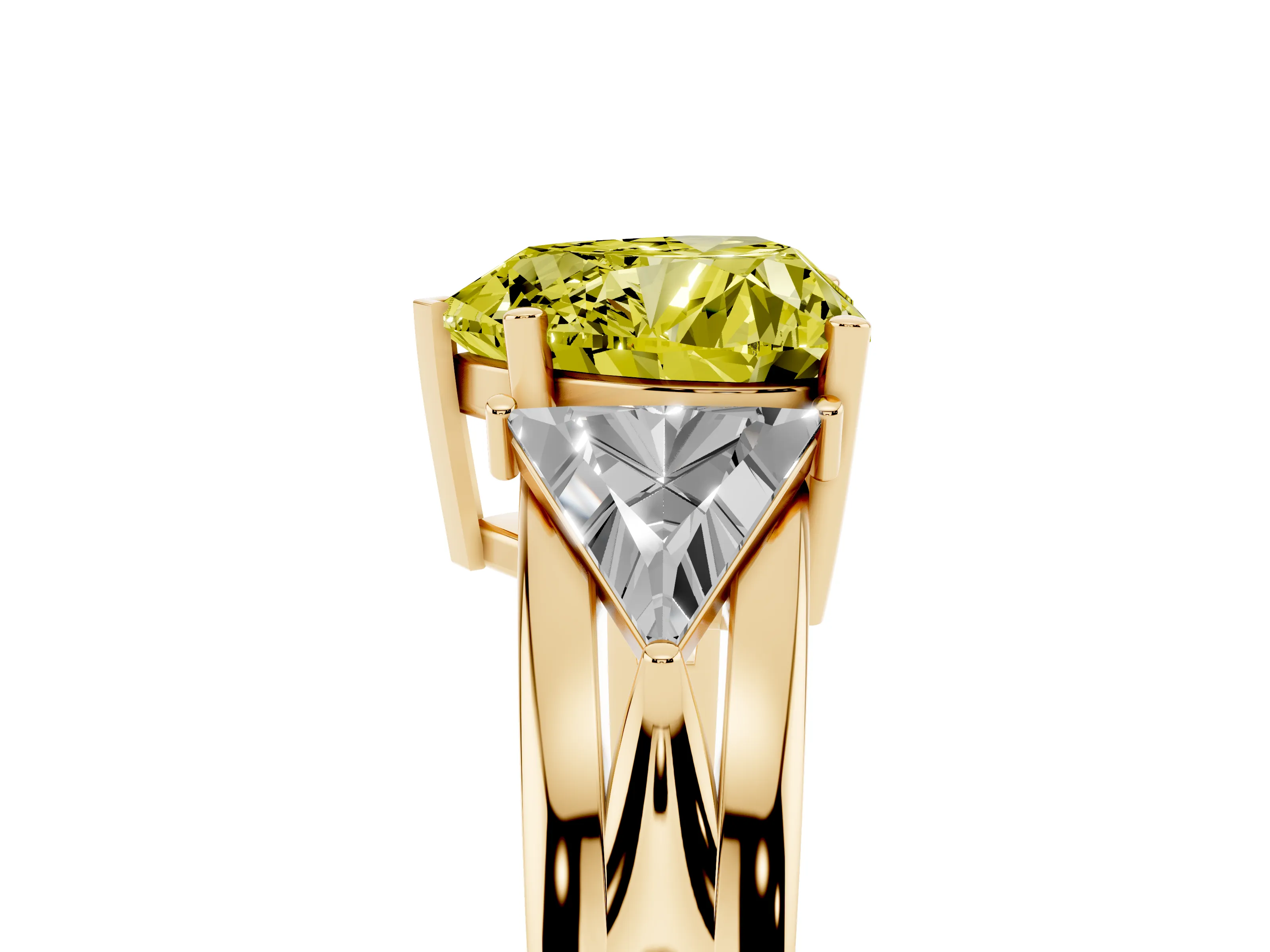 Fancy Yellow Heart Cut Diamond Three-Stone Ring Set in Yellow gold with Trillion Side Stones and Split Shank