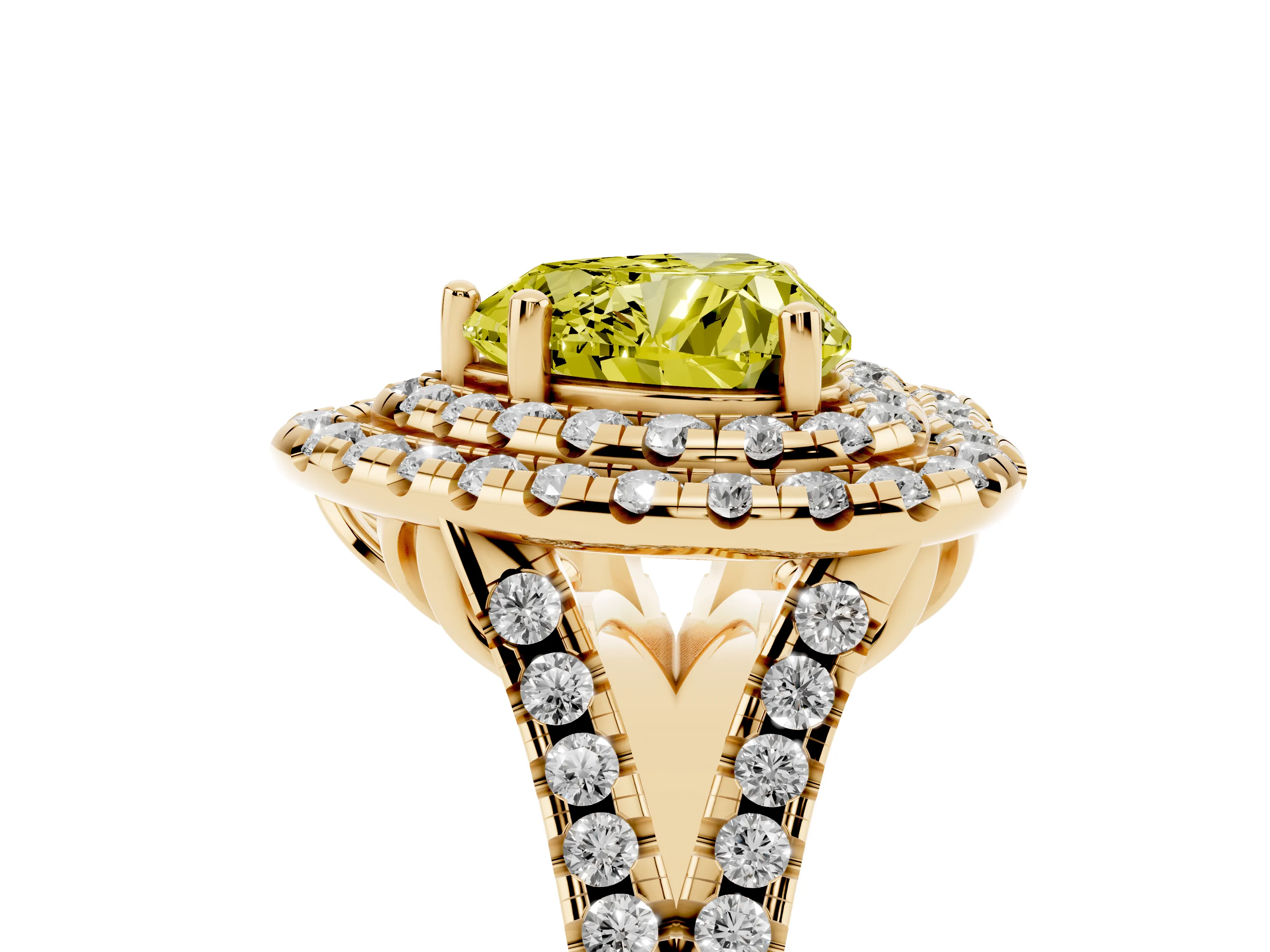 Fancy Yellow Heart Cut Diamond Double Halo Ring Set in Yellow gold with Pavé Split Shank and Prong Setting