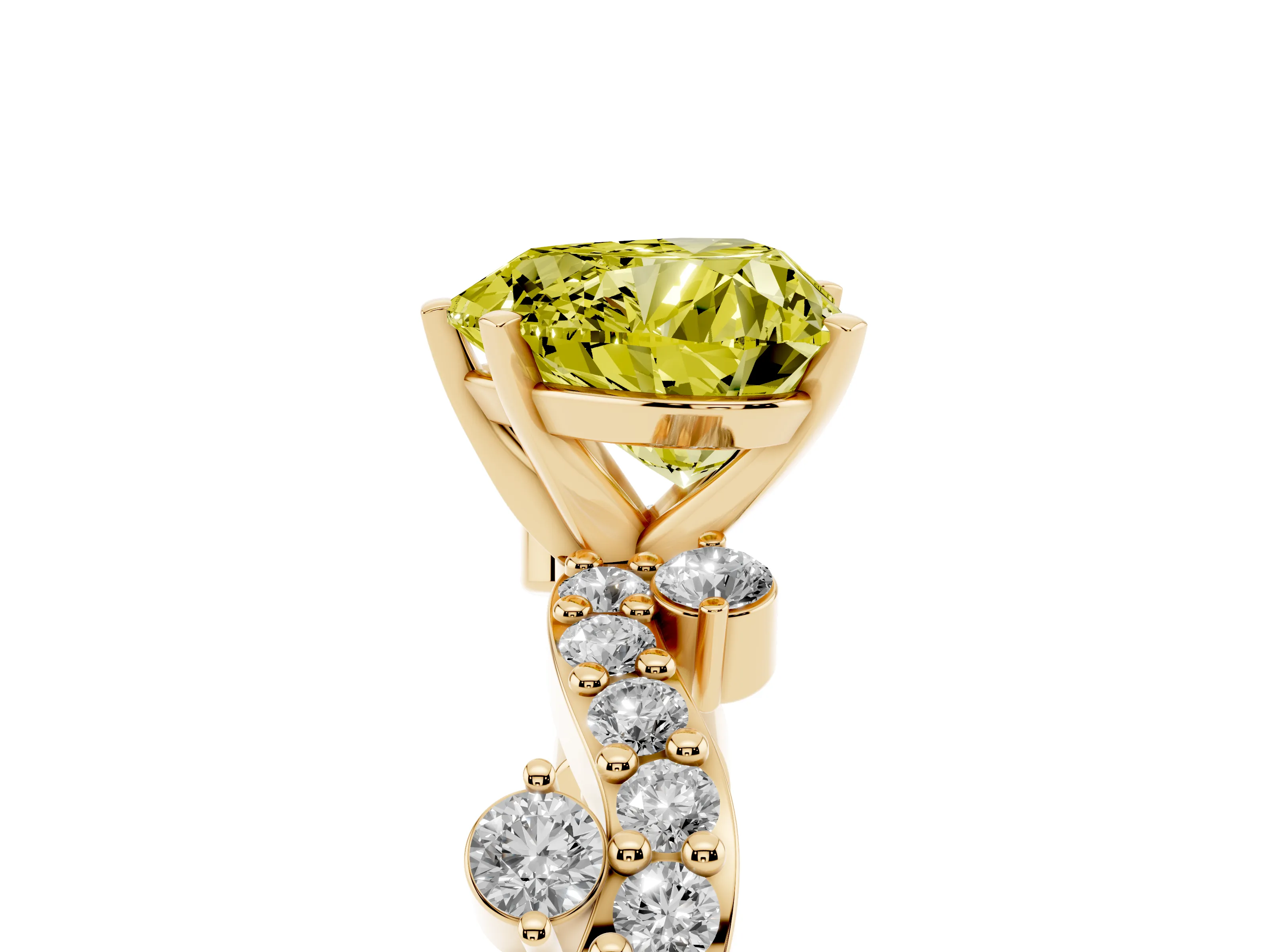 Fancy Yellow Heart Cut Diamond Solitaire Twisted Band Set in Yellow gold with Pavé Setting