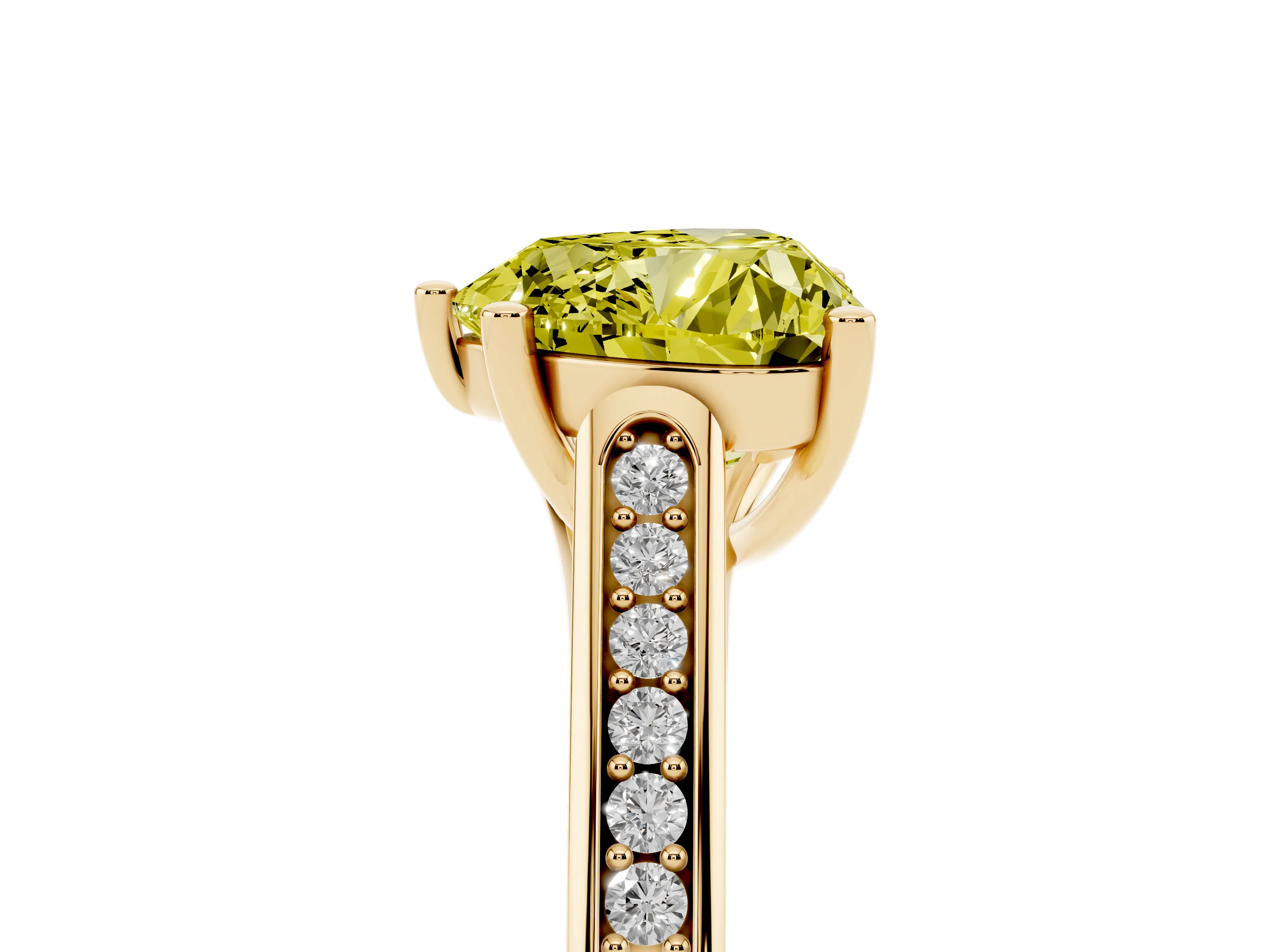 Fancy Yellow Heart Cut Diamond Solitaire Cathedral Engagement Ring Set in Yellow gold with Channel-Set Band and Prong Setting