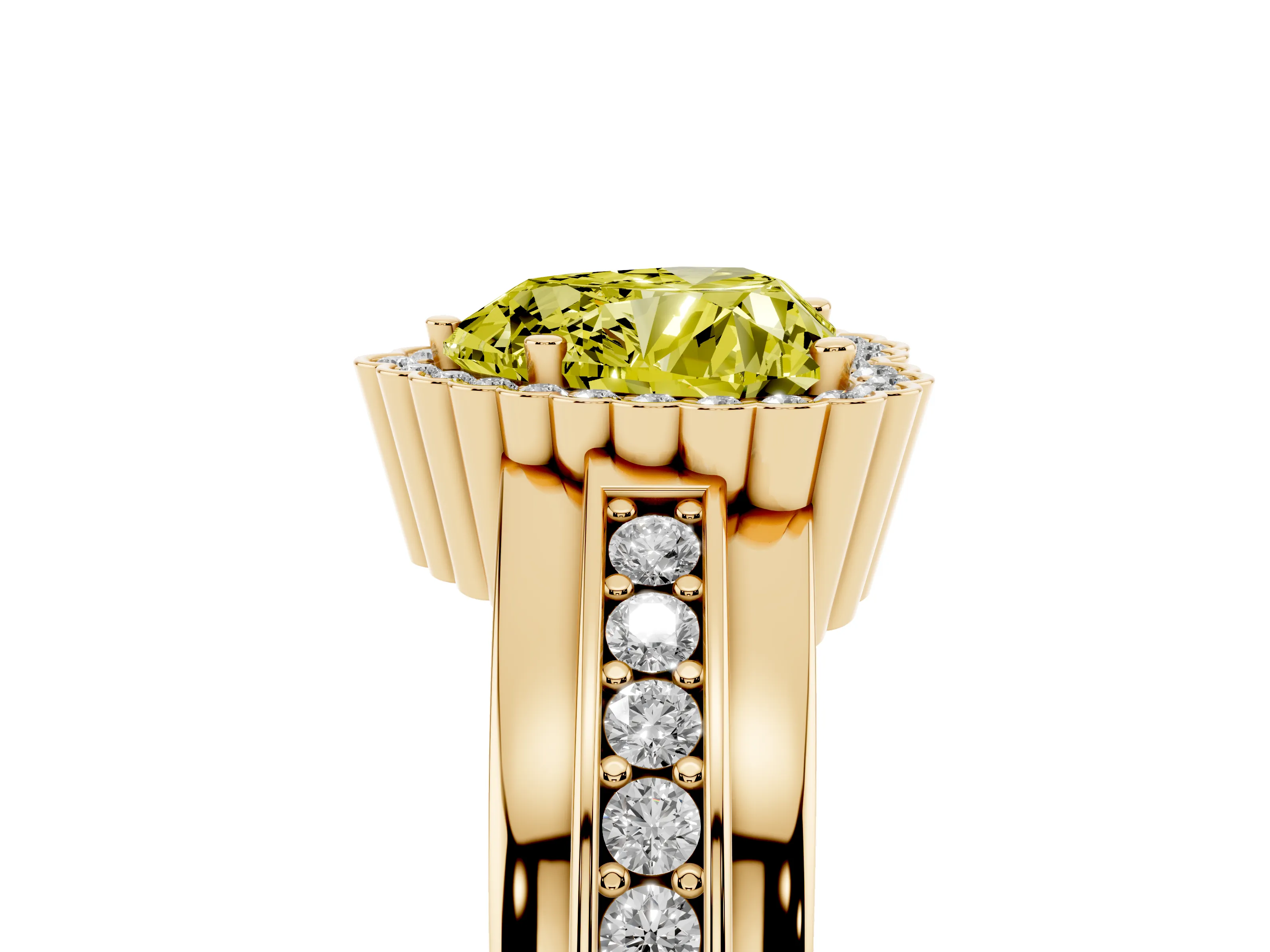 Fancy Yellow Heart Cut Diamond Halo Prong Ring Set in Yellow gold with Pavé Band