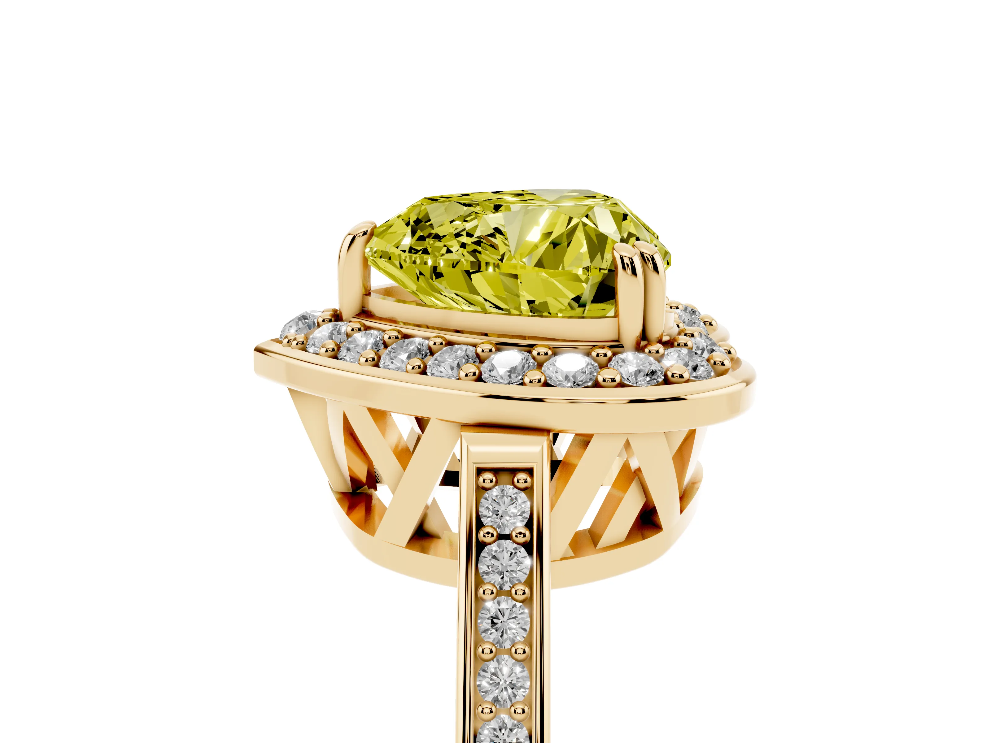 Fancy Yellow Heart Cut Diamond Halo Ring Set in Yellow gold with Accent-Lined Split Shank and Prong Setting