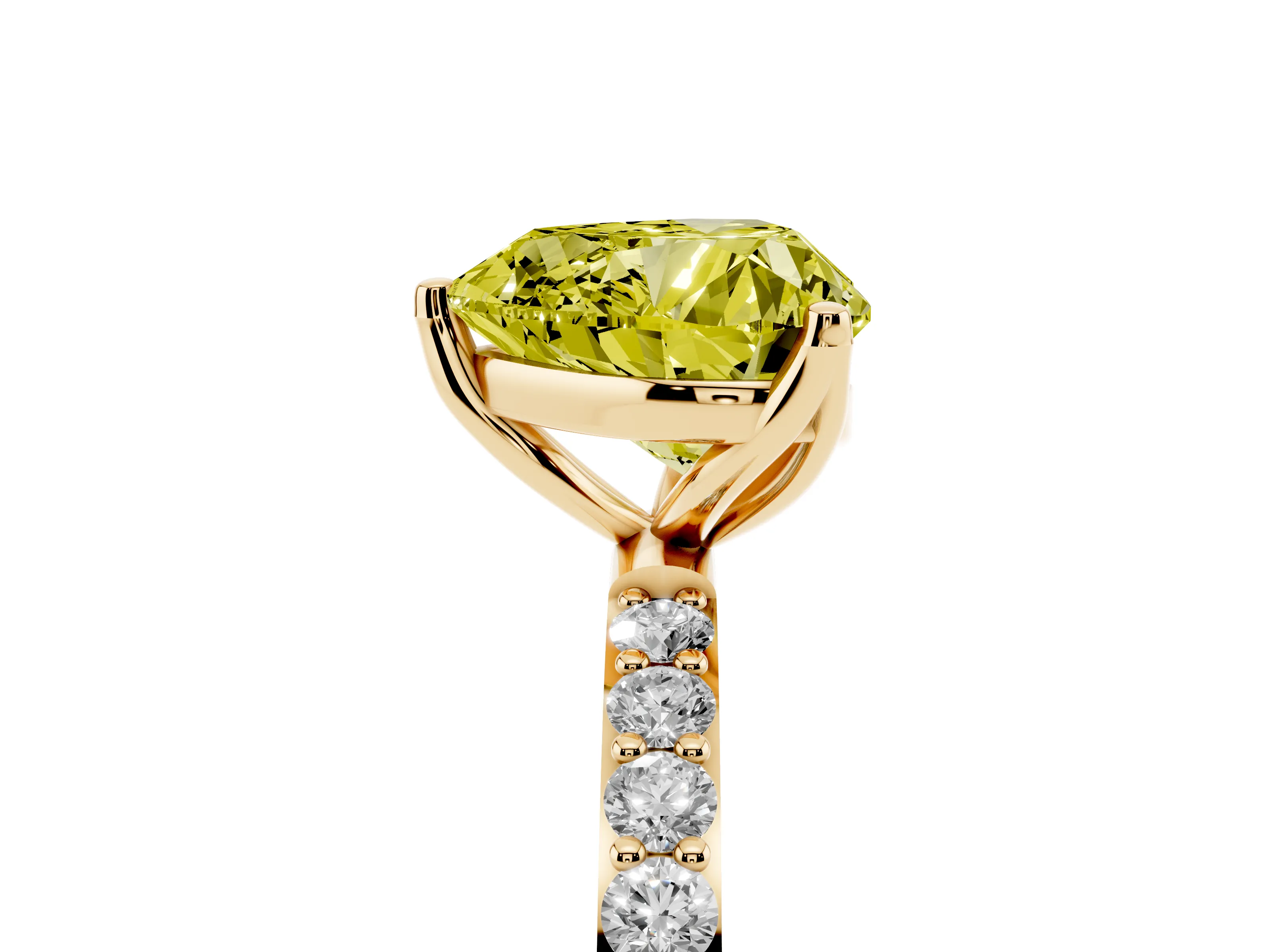 Fancy Yellow Heart Cut Diamond Solitaire Engagement Ring Set in Yellow gold with Round Pavé Band and Prong Setting