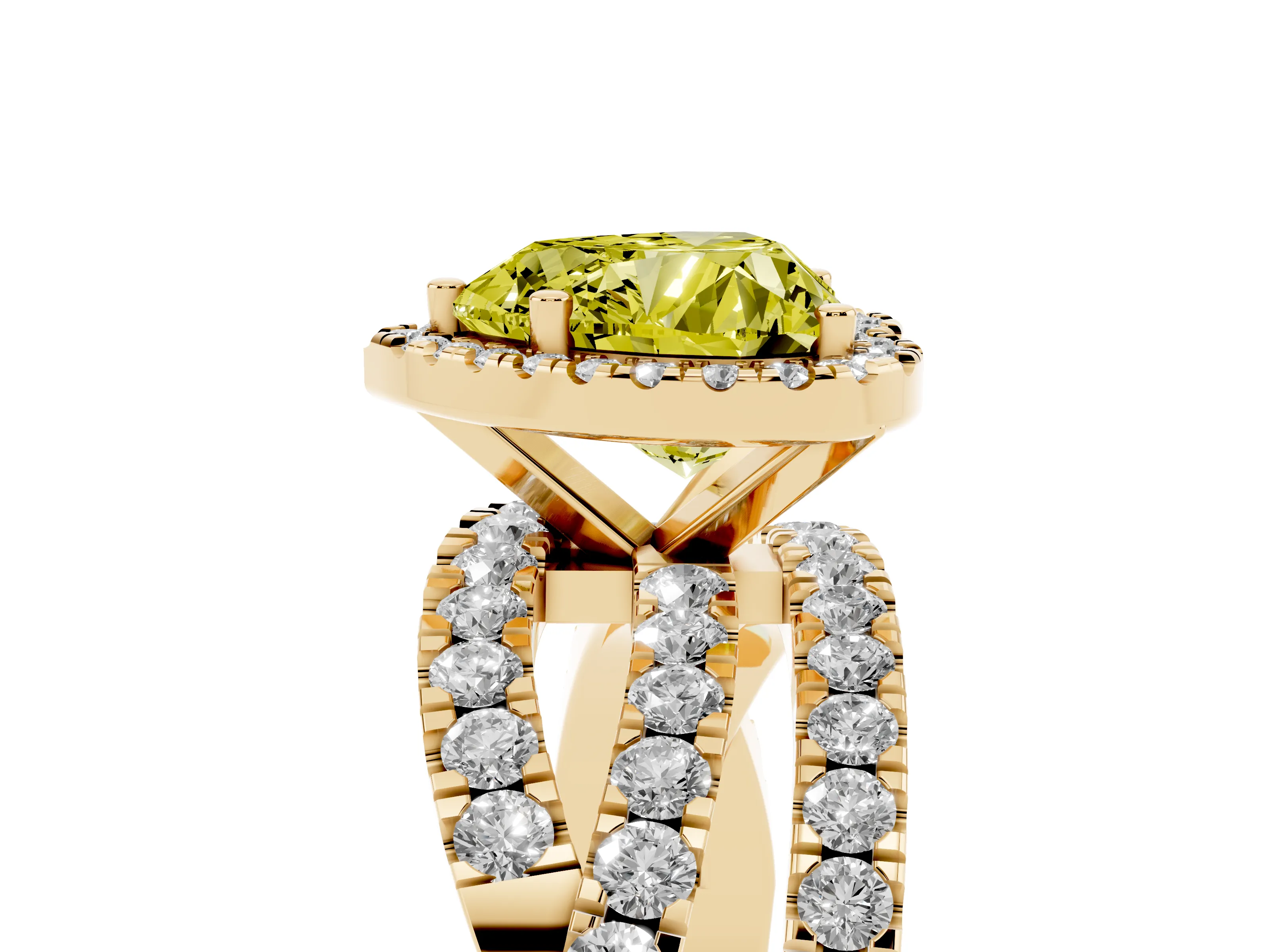 Fancy Yellow Heart Cut Diamond Halo Ring Set in Yellow gold with Round Crossover Split Shank and Prong Setting