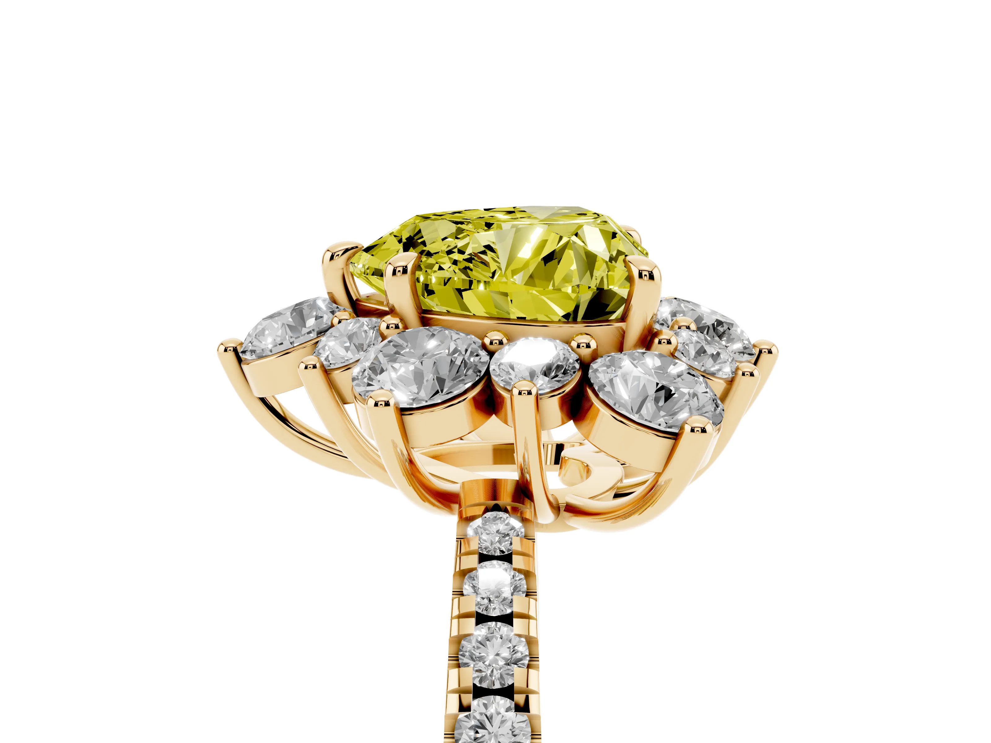 Fancy Yellow Heart Cut Diamond Floral Halo Ring Set in Yellow gold with Round Pavé Band and Prong Setting