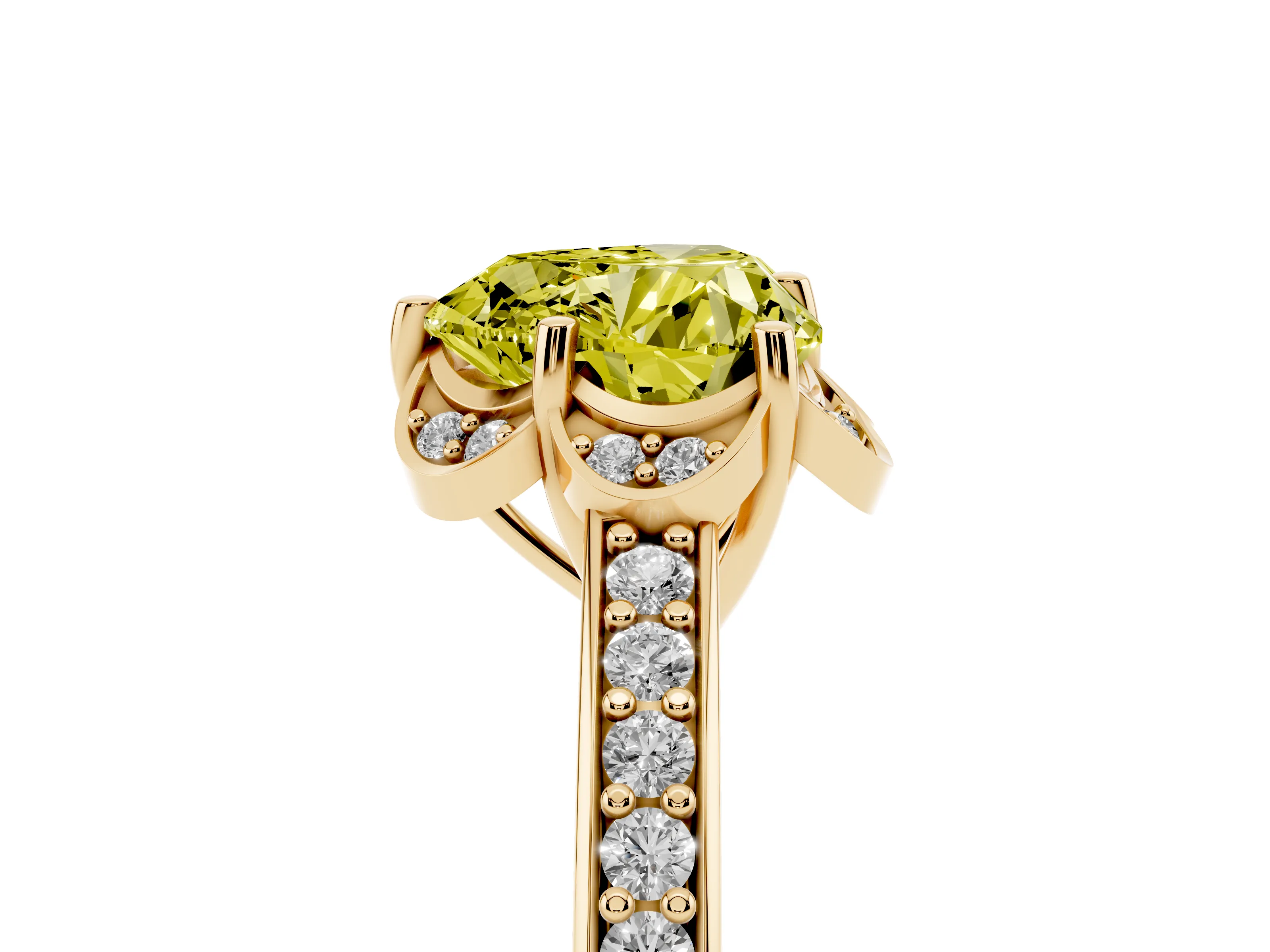 Fancy Yellow Heart Cut Diamond Halo Ring Set in Yellow gold with Channel Set Band and Prong Setting